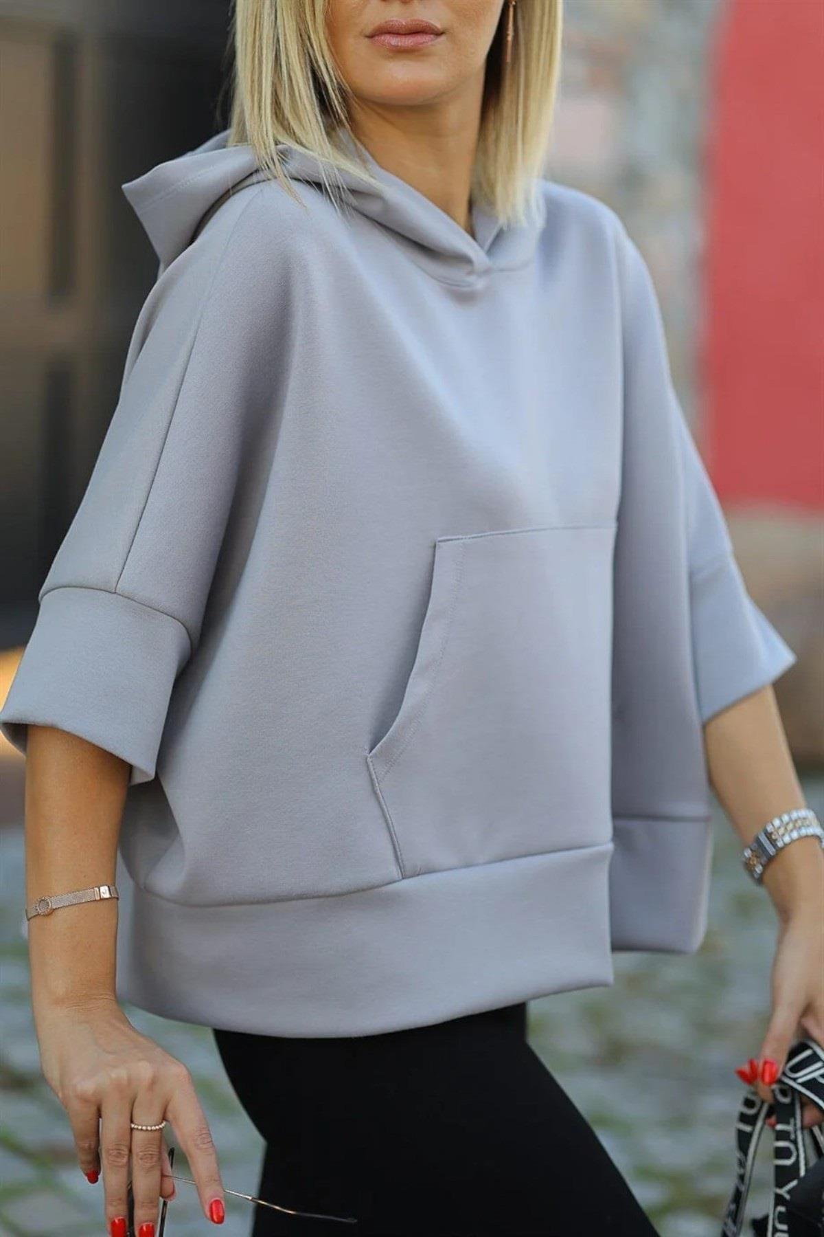 Kanguru Cep Kapüşonlu Oversize Modal Crop Sweat 26320