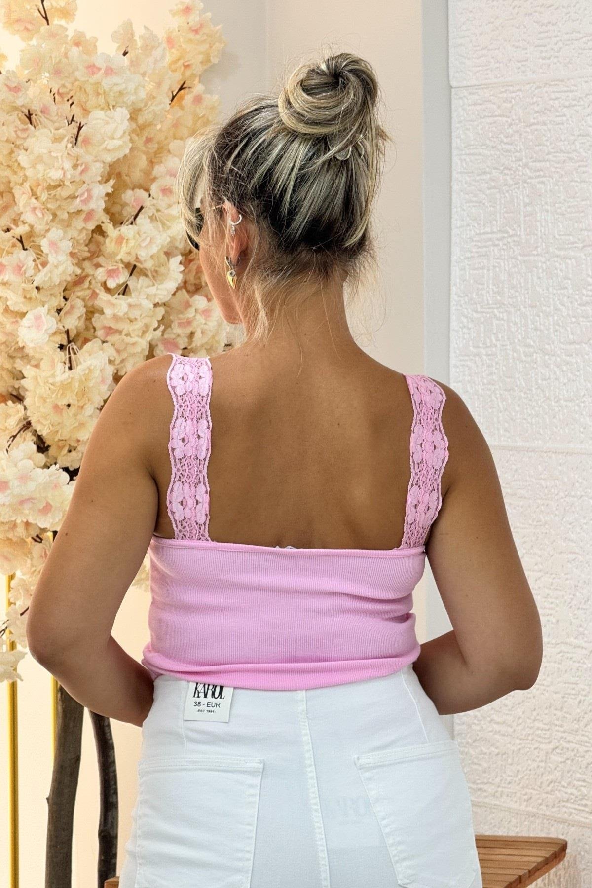 Karol Dantel Askılı Kaşkorse Atlet Body Pembe