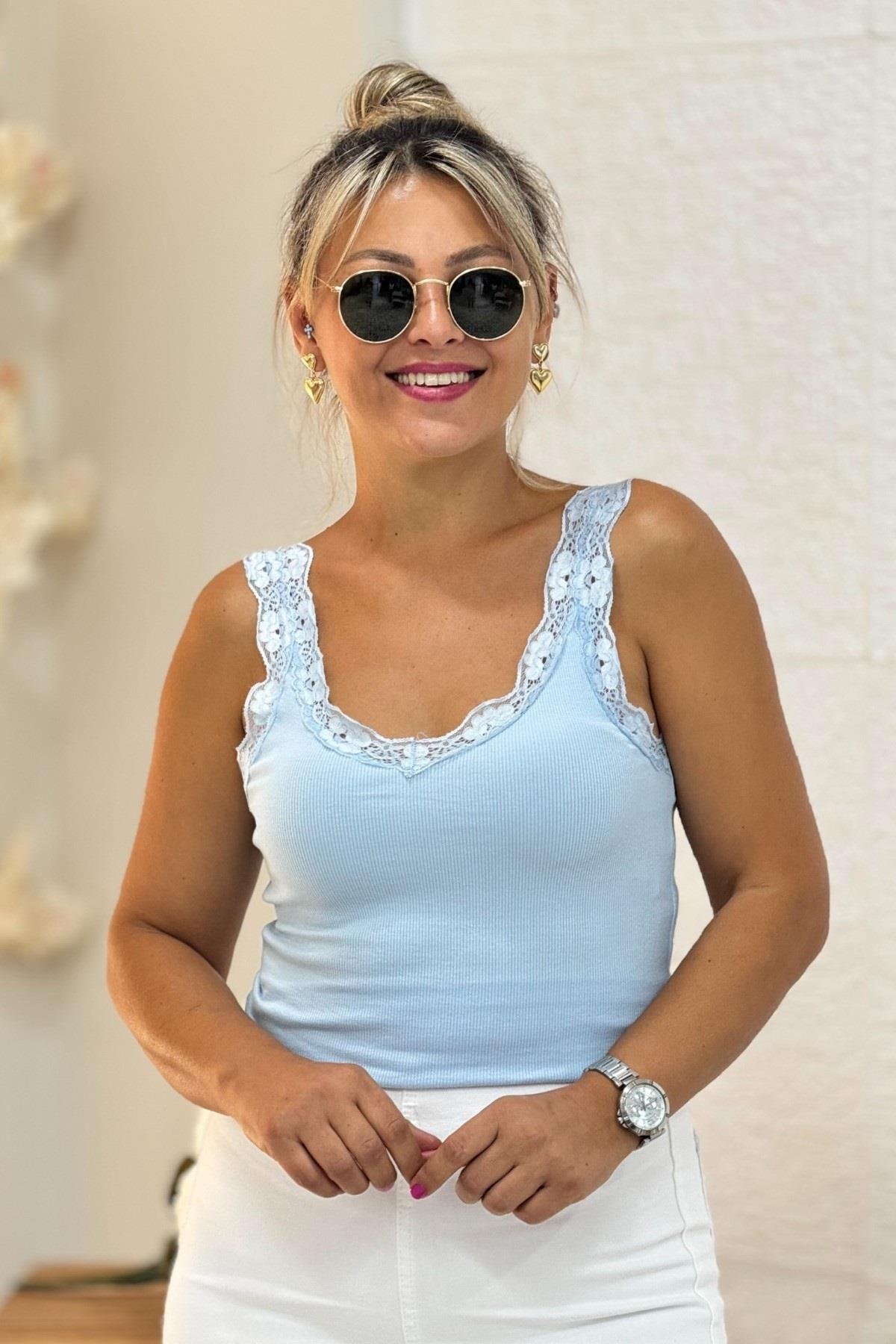 Karol Dantel Askılı Kaşkorse Atlet Body Mavi