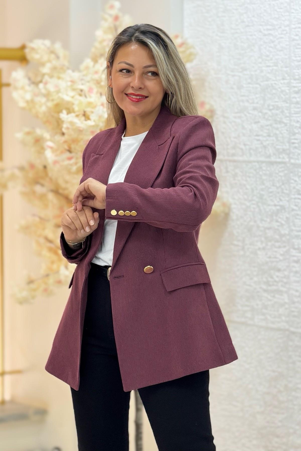 Premium Kalite Astarlı Tek Düğme Kadife Blazer Ceket Bordo