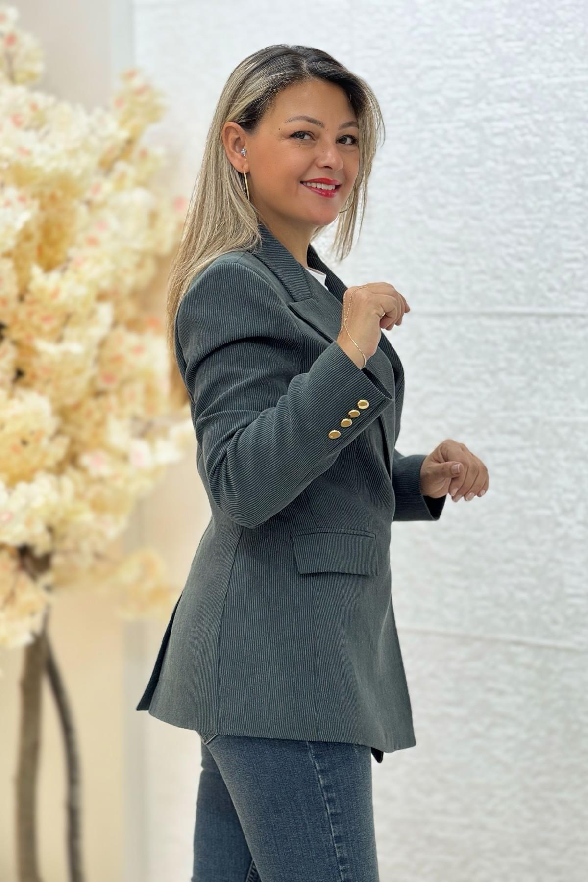 Premium Kalite Astarlı Tek Düğme Kadife Blazer Ceket Haki