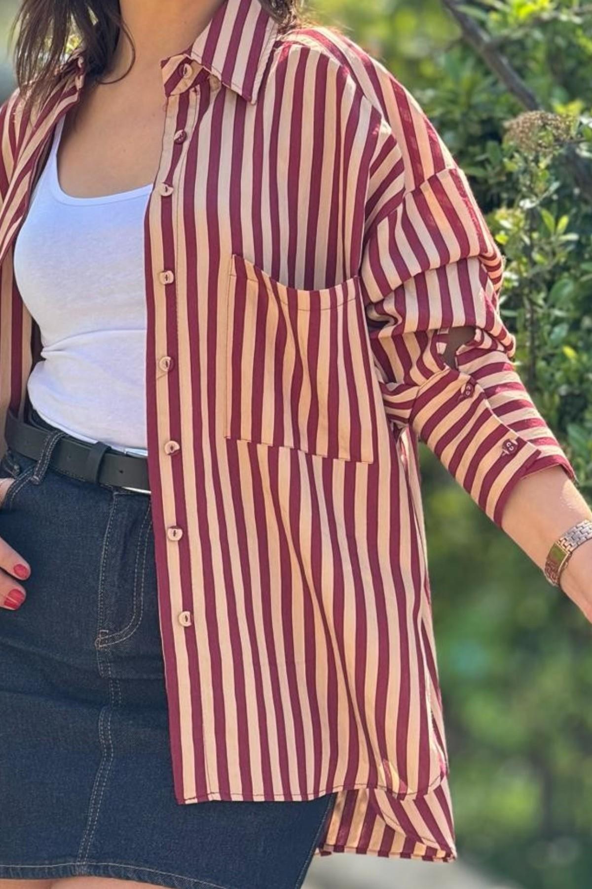 Premium Kalite Çizgili Oversize Gömlek 4969