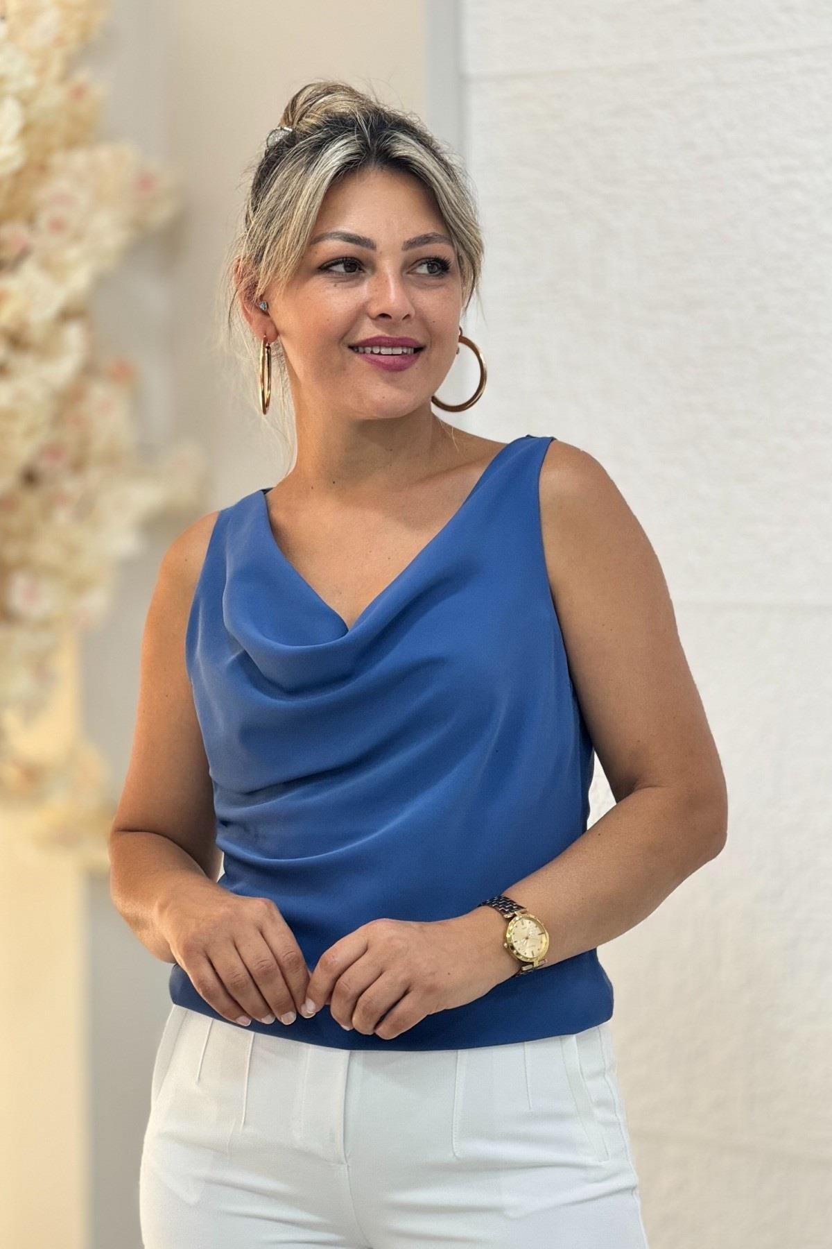Premium Kalite Degaje Yaka Bluz İndigo