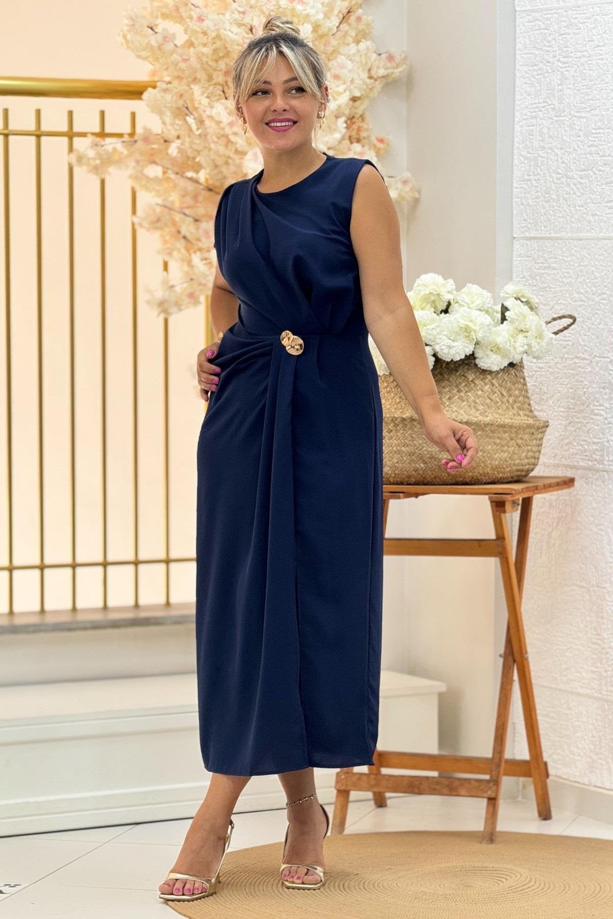 Premium Kalite Drapeli Midi Boy Kalem Elbise 3718 Lacivert