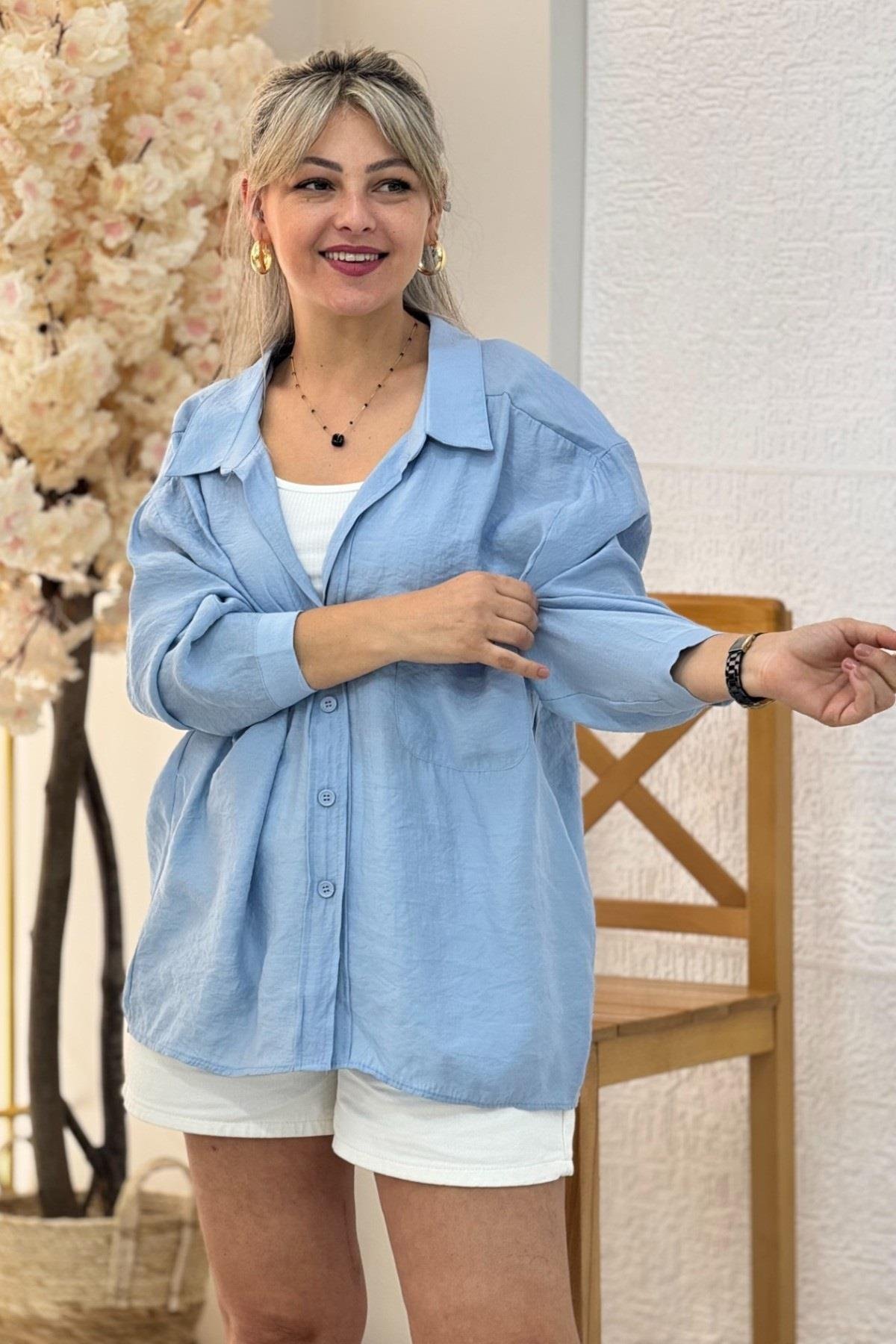 Premium Kalite Düşük Omuzlu Oversize Gömlek 4612 Açık Mavi