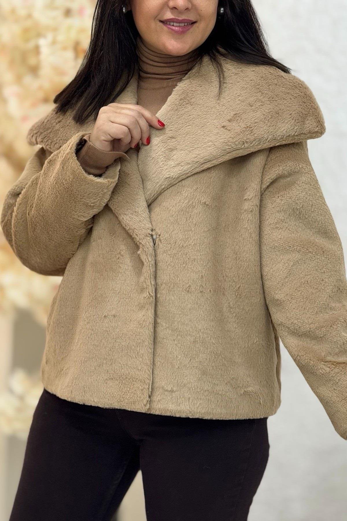 Premium Kalite Şal Yaka Astarlı Kısa İthal Kürk Camel
