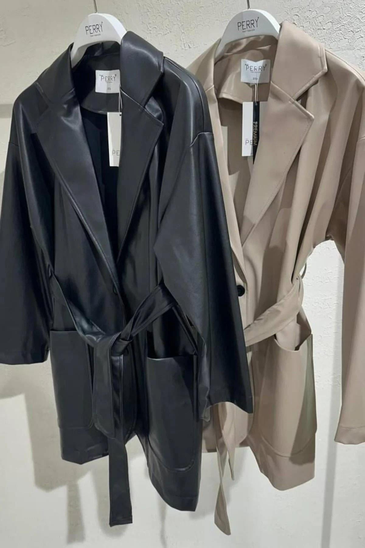 Premium Kalite Standart Oversize Deri Trenç 1004