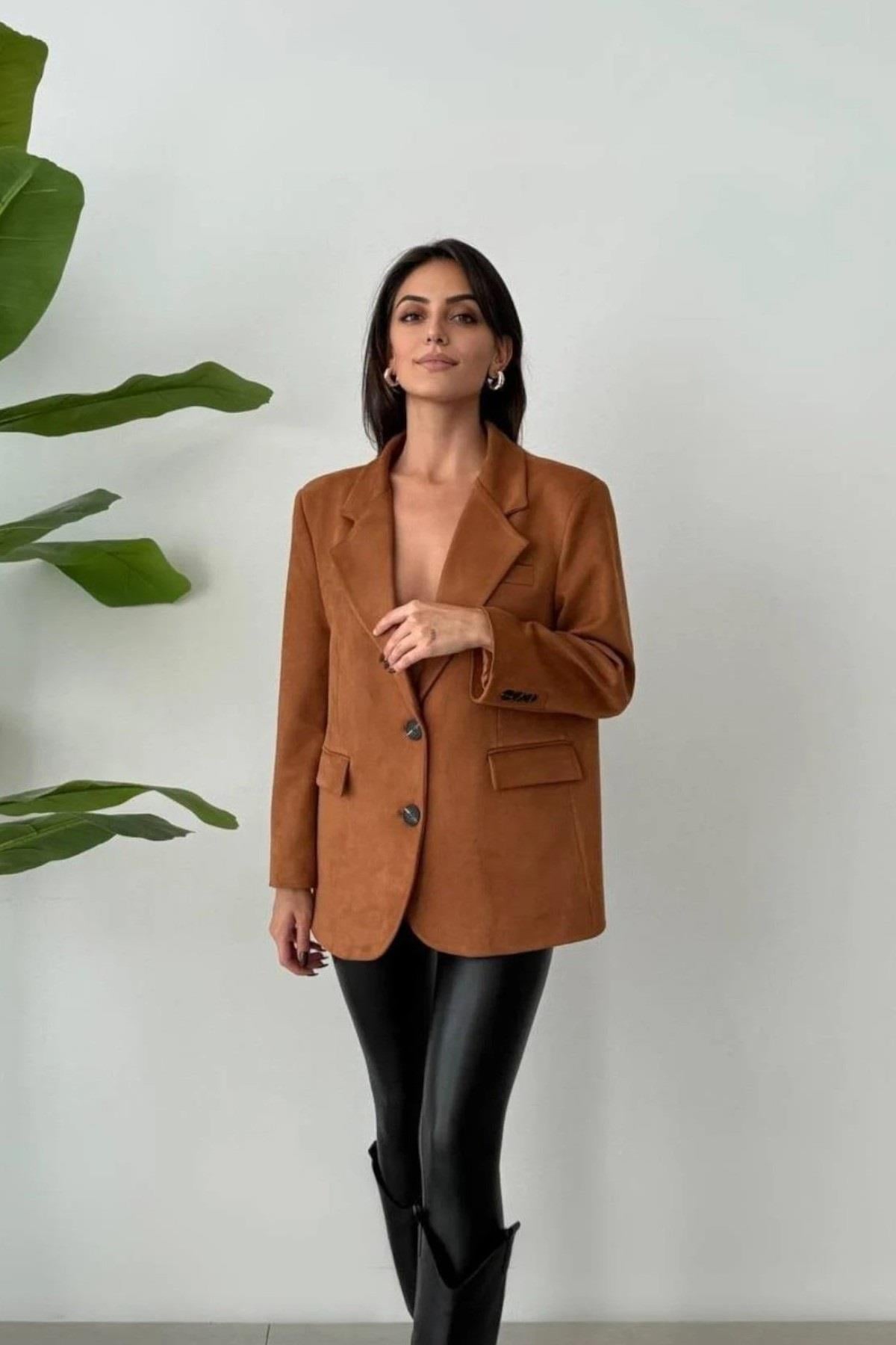 Premium Kalite Süet Kumaş Oversize Blazer Ceket 500511