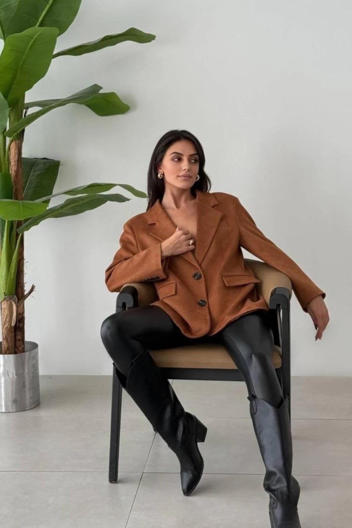 Premium Kalite Süet Kumaş Oversize Blazer Ceket 500511