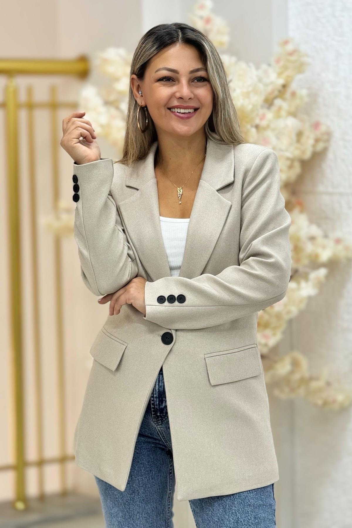 Premium Kalite Yün Effekt Tek Düğme Blazer Ceket Taş Rengi