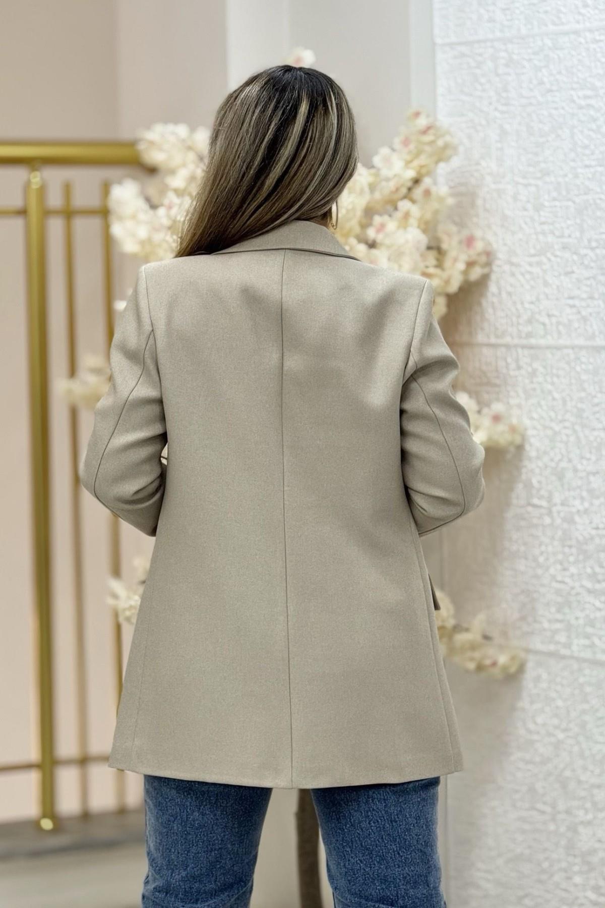 Premium Kalite Yün Effekt Tek Düğme Blazer Ceket Taş Rengi