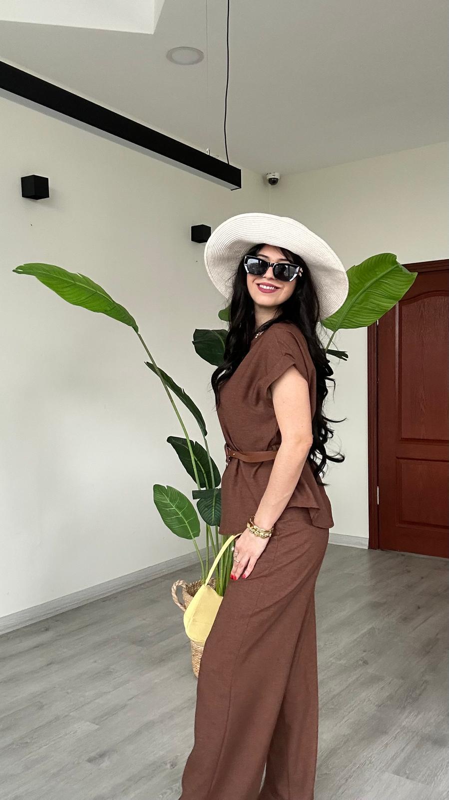 2 Lİ TAKIMKendinden Kemerli Alt Üst Pantolon Bluz Çok Şık Takım 