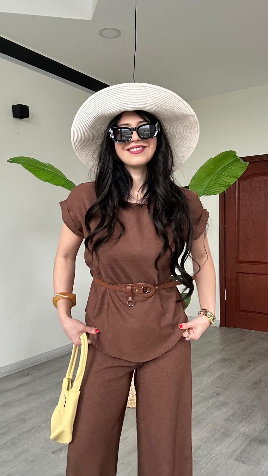 2 Lİ TAKIMKendinden Kemerli Alt Üst Pantolon Bluz Çok Şık Takım 
