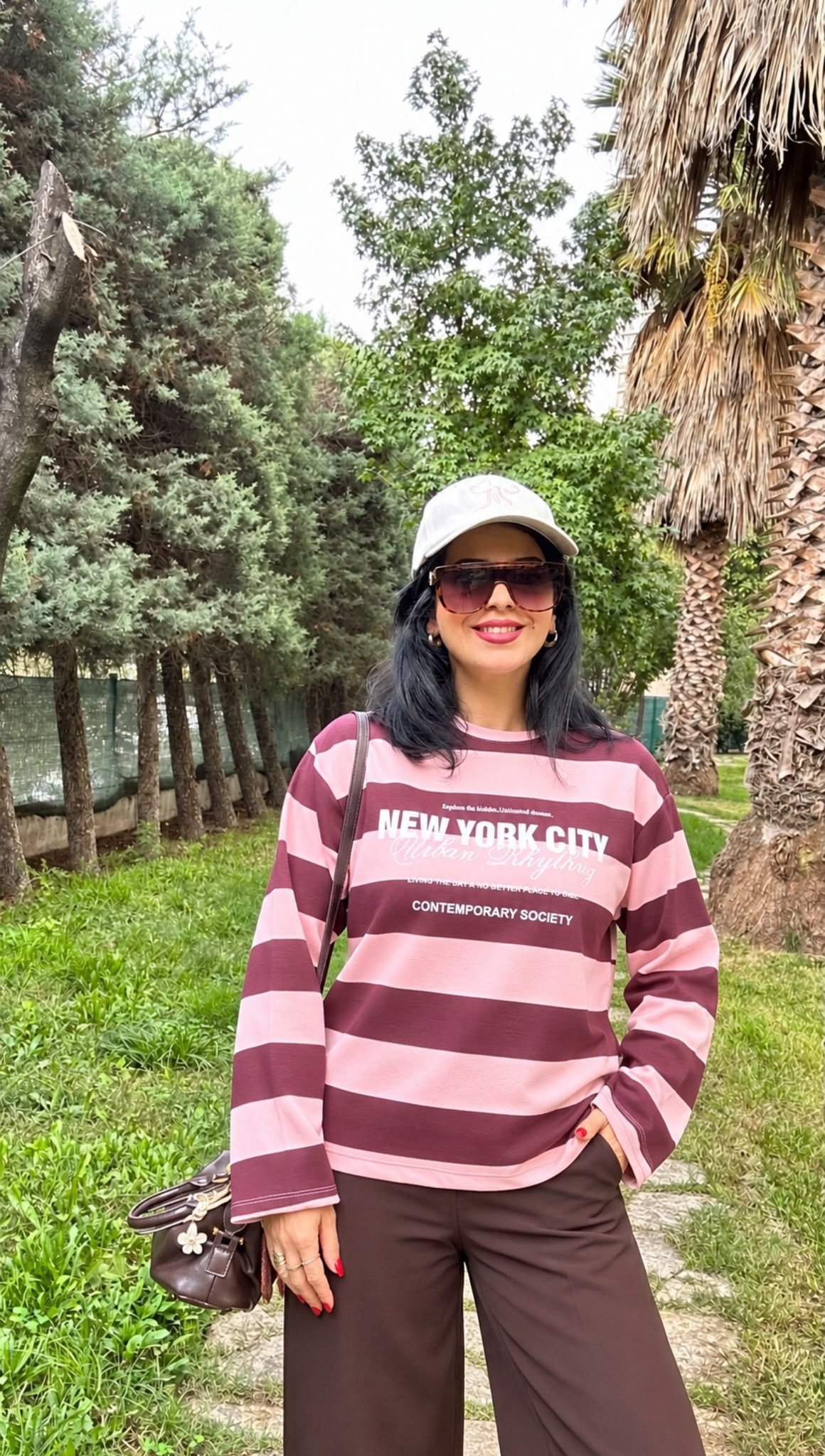 BLUZBordo Pembe Çizgili Baskılı Uzun Kollu Çok Şık ve Rahat Bluz