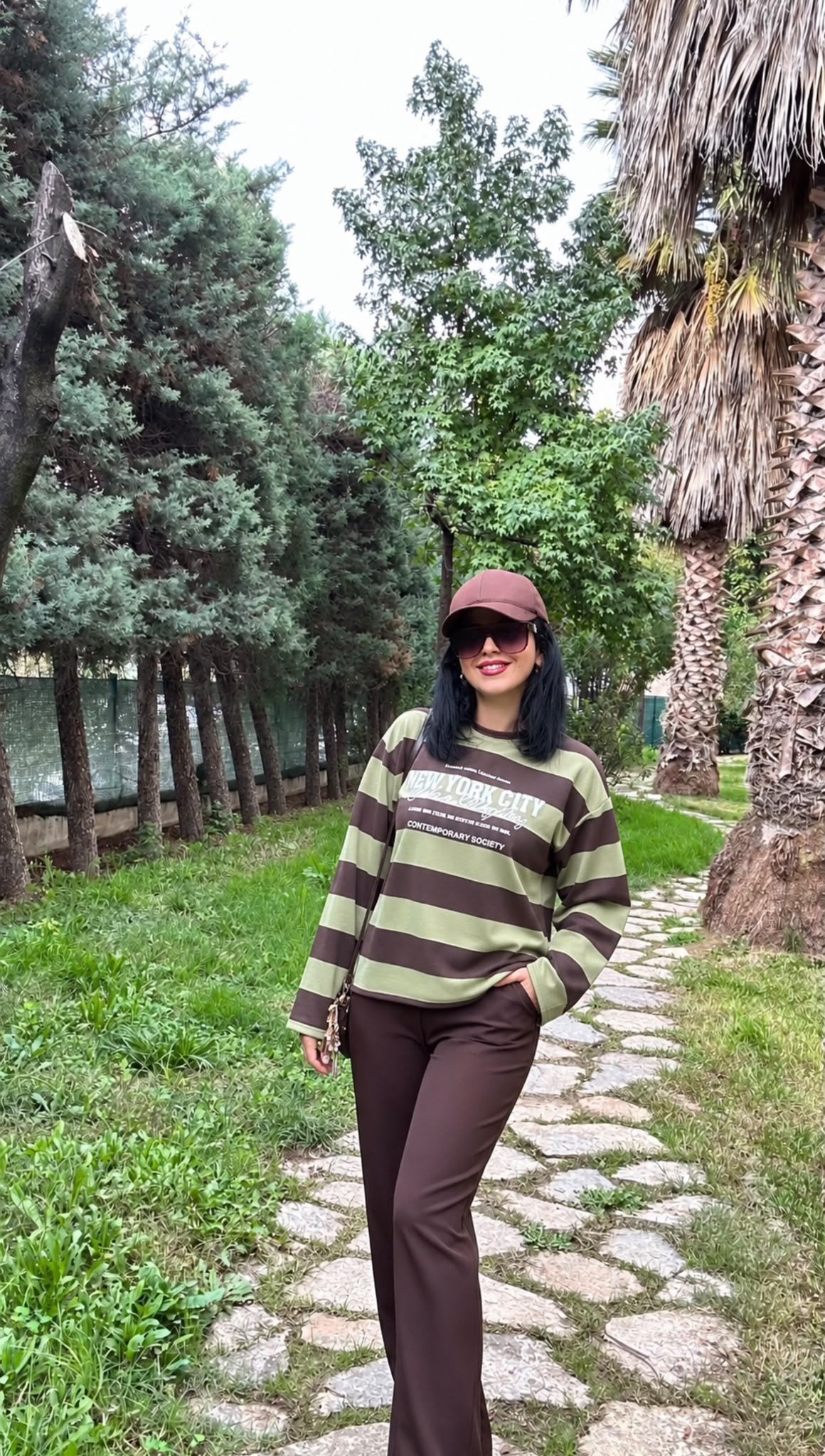 BLUZHaki Kahve Çizgili Baskılı Uzun Kollu Çok Şık ve Rahat Bluz