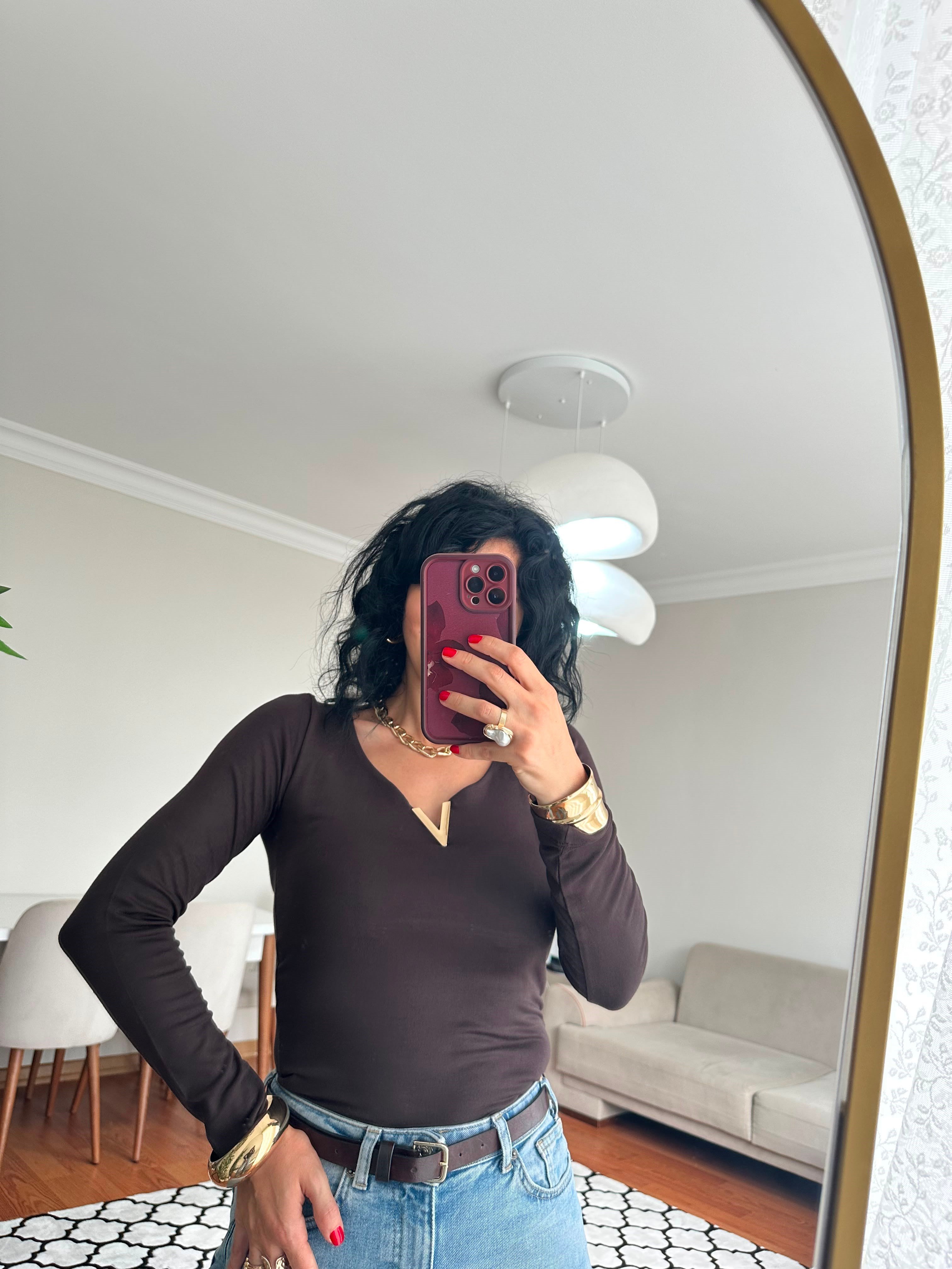 BODYUzun Kollu V Yaka Metal Detay Premium Basic Body 