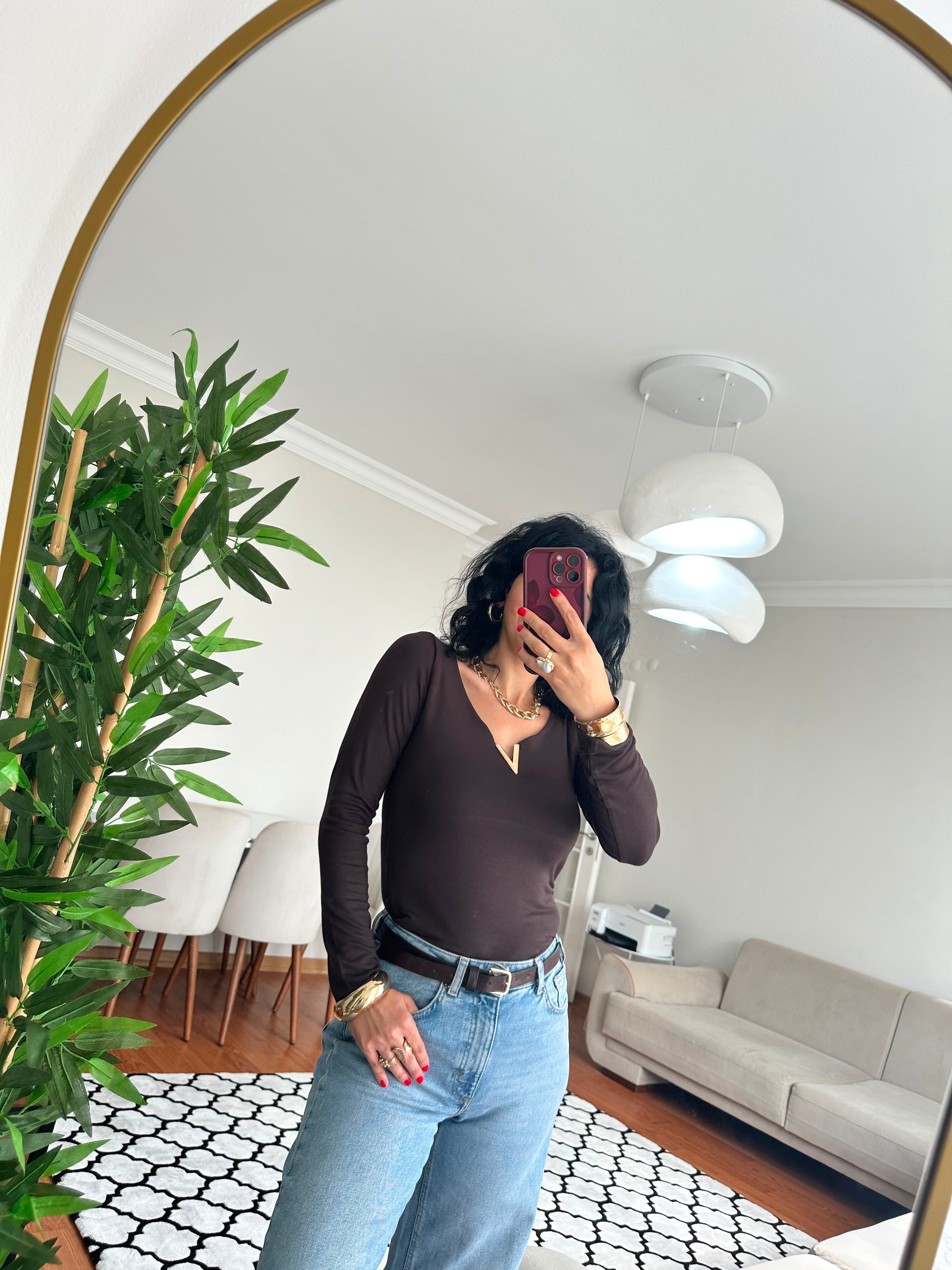 BODYUzun Kollu V Yaka Metal Detay Premium Basic Body 