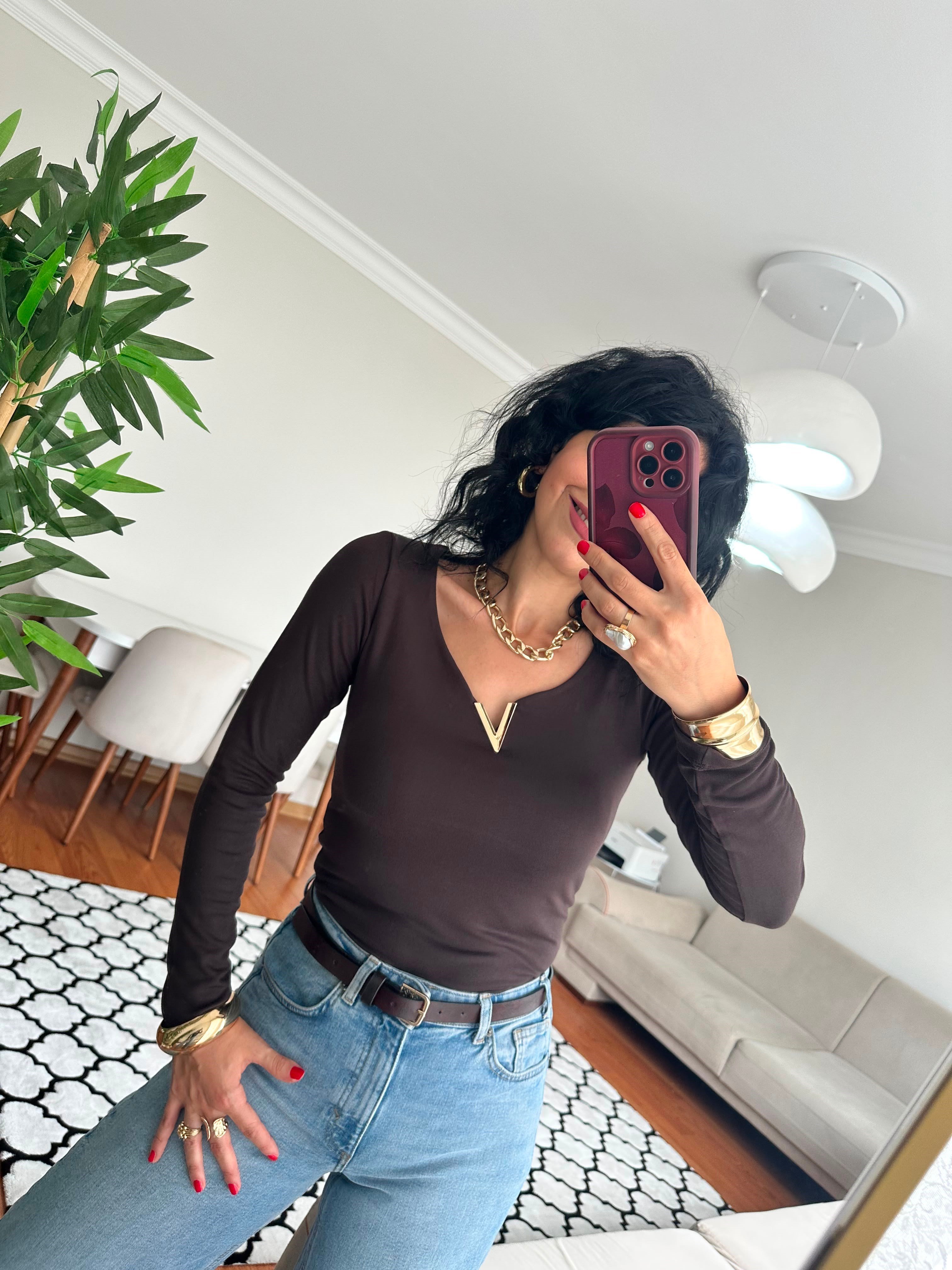 BODYUzun Kollu V Yaka Metal Detay Premium Basic Body 