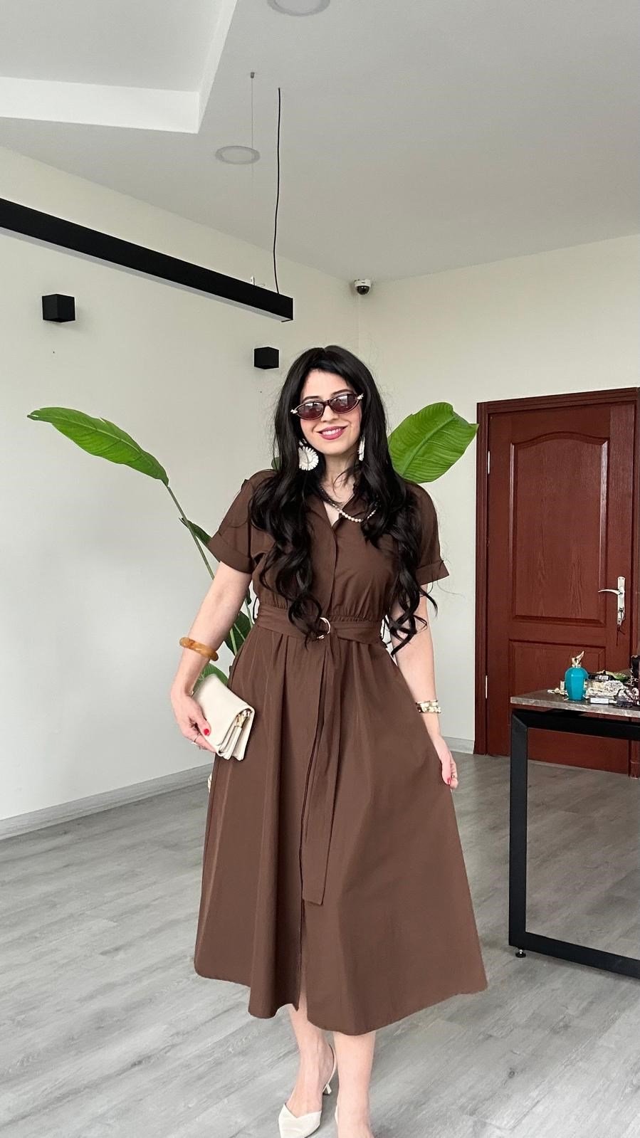 ELBİSEBel Kemerli Kısa Kol Düğmeli Çok Şık Rahat Elbise 