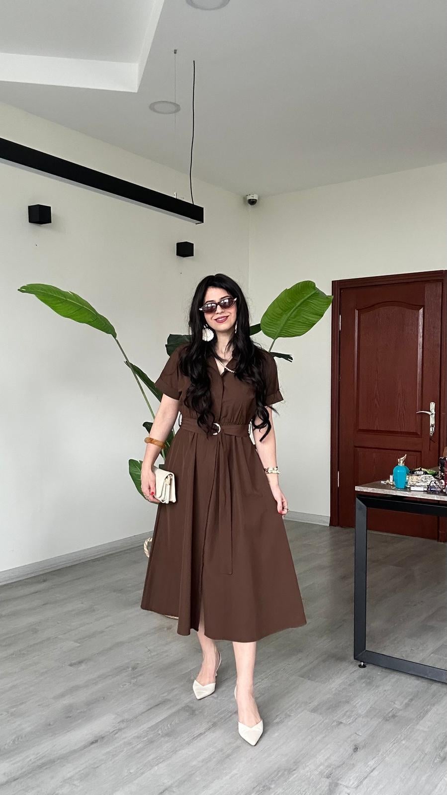 ELBİSEBel Kemerli Kısa Kol Düğmeli Çok Şık Rahat Elbise 