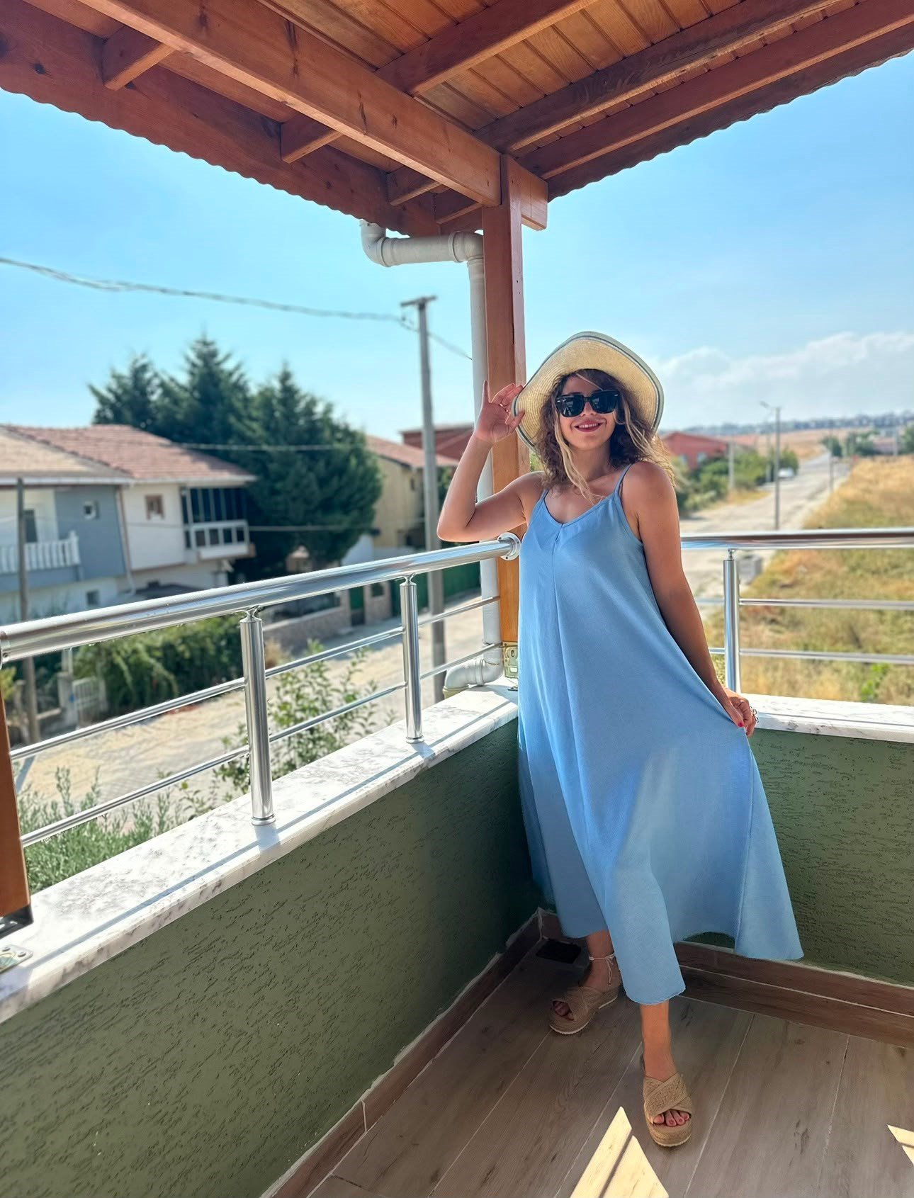 ELBİSEİp Askılı Derin V Yaka Salaş Uzun Oversize Rahat Elbise