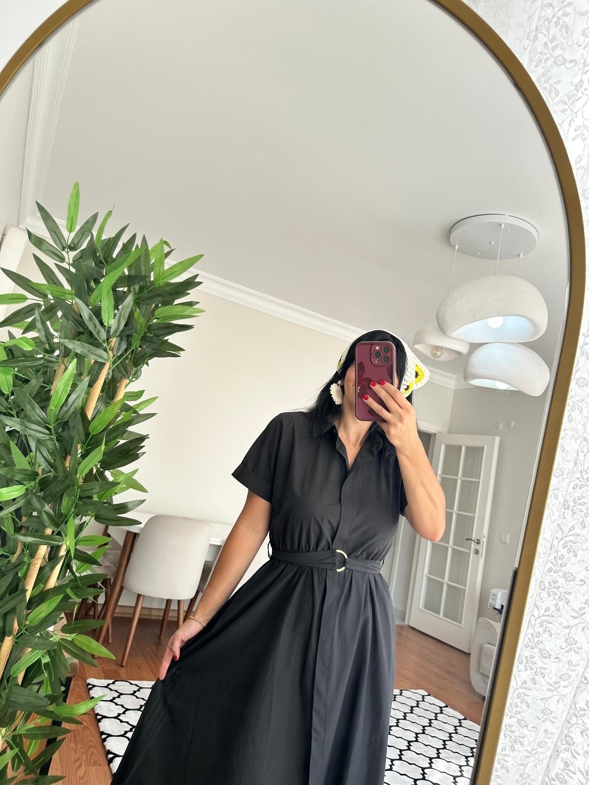 ELBİSESiyah Maxi Boy Kemerli Kısa Kol Düğmeli Çok Şık Rahat Elbise