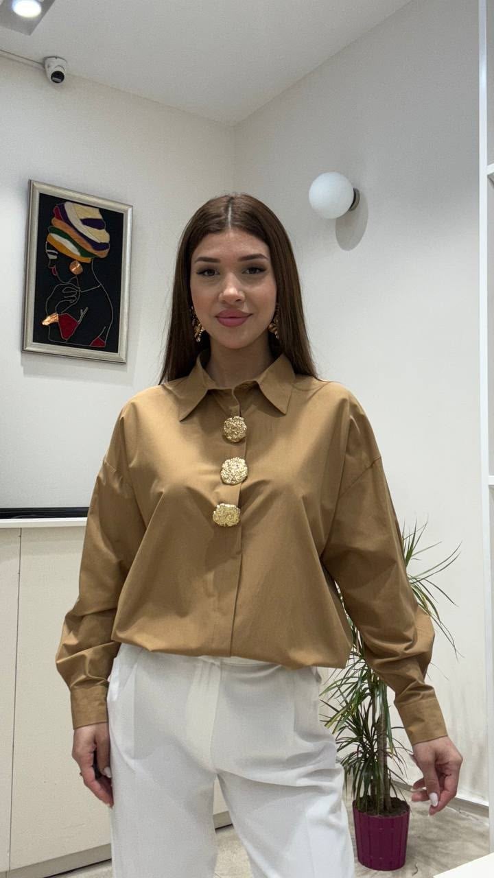 GÖMLEKTaba Rengi Özel Taş Düğmeli Uzun Kollu Premium Gömlek 