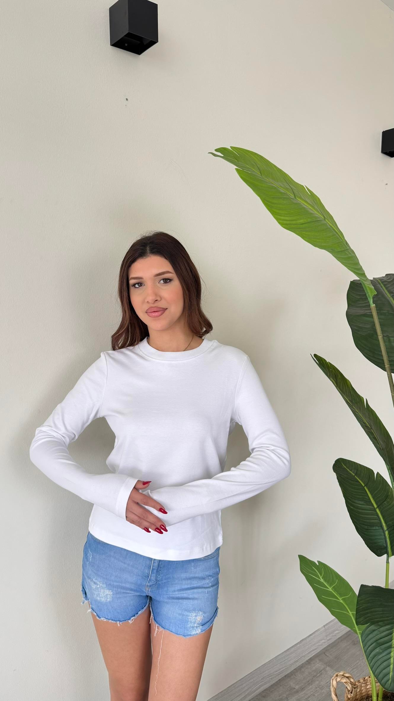 Kadın Bisiklet Yaka Uzun Kollu Premium Body - BEYAZ