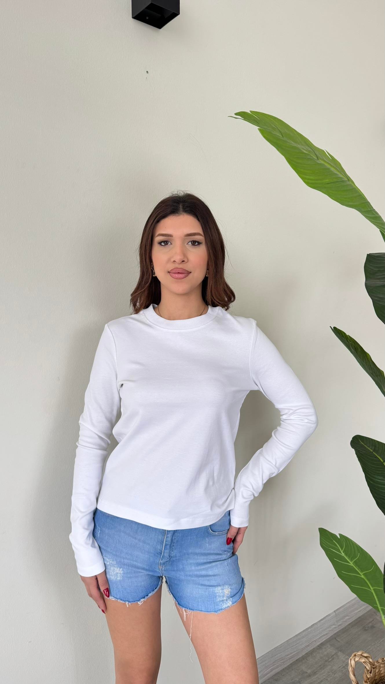 Kadın Bisiklet Yaka Uzun Kollu Premium Body - BEYAZ