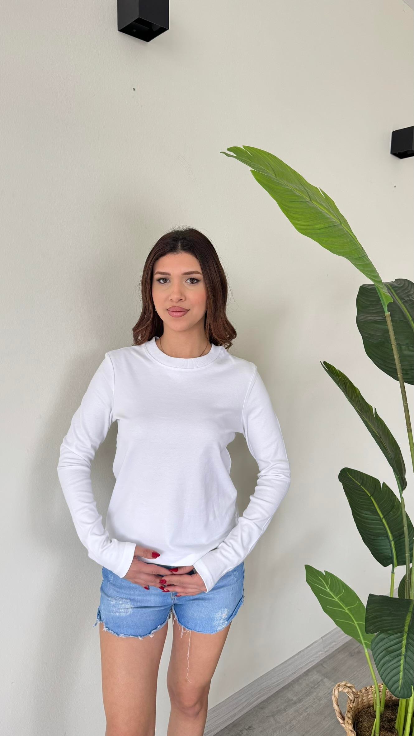 Kadın Bisiklet Yaka Uzun Kollu Premium Body - BEYAZ