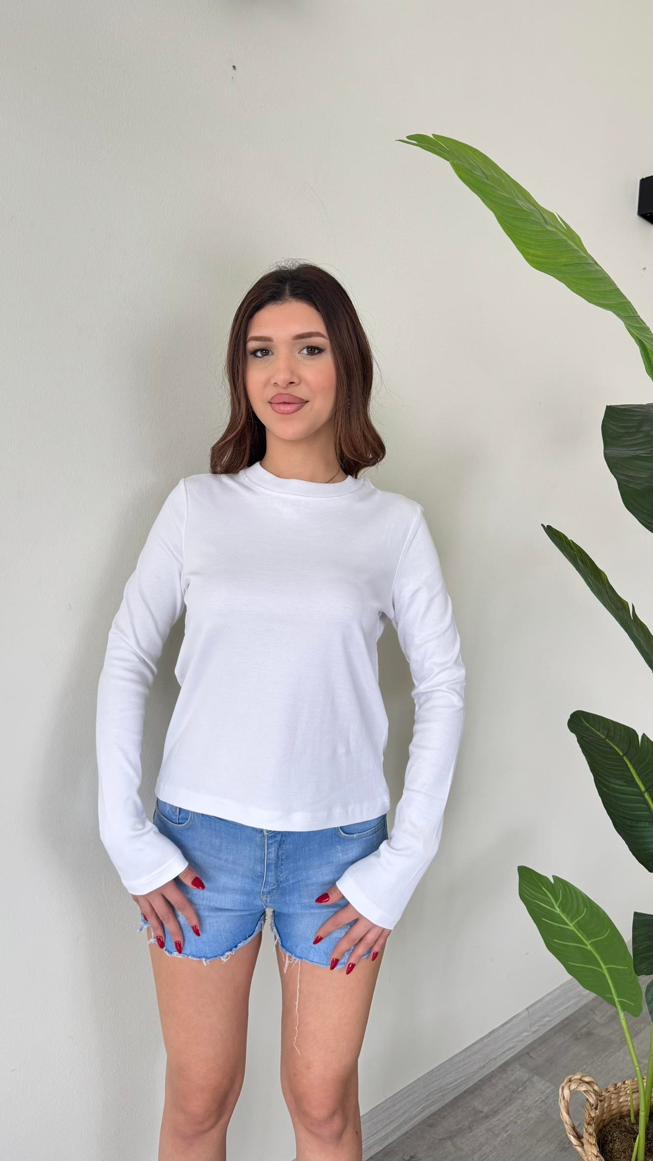 Kadın Bisiklet Yaka Uzun Kollu Premium Body - BEYAZ