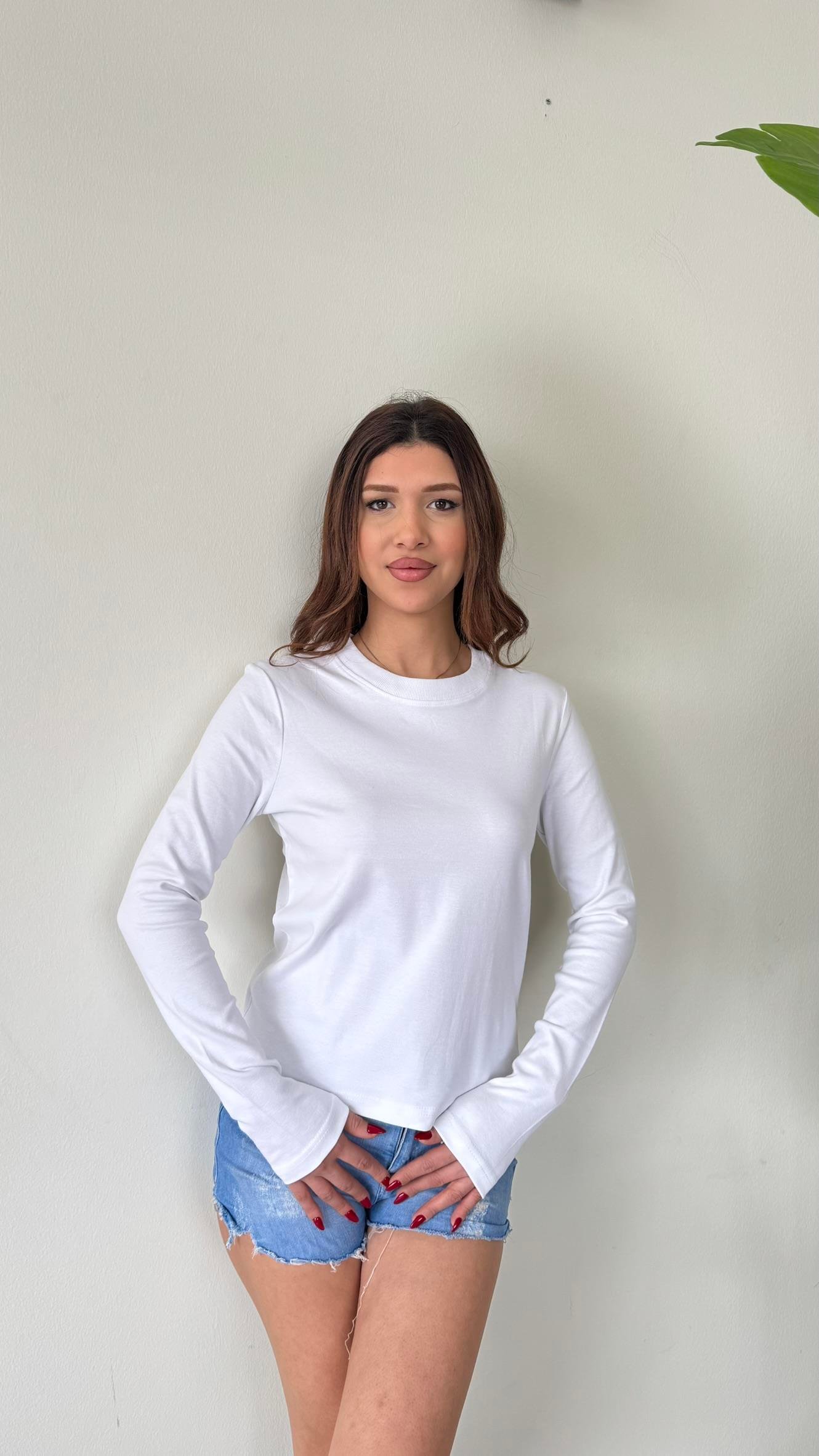 Kadın Bisiklet Yaka Uzun Kollu Premium Body - BEYAZ