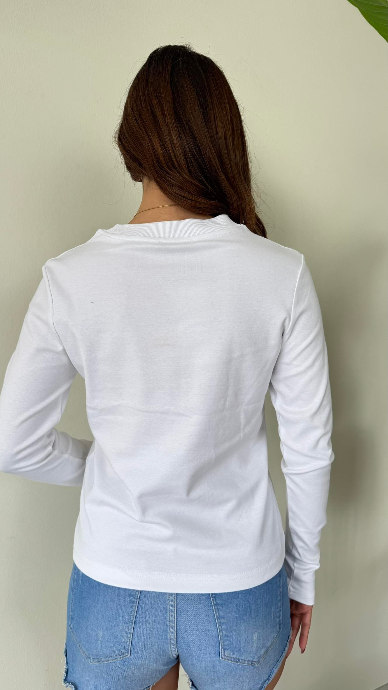 Kadın Bisiklet Yaka Uzun Kollu Premium Body - BEYAZ
