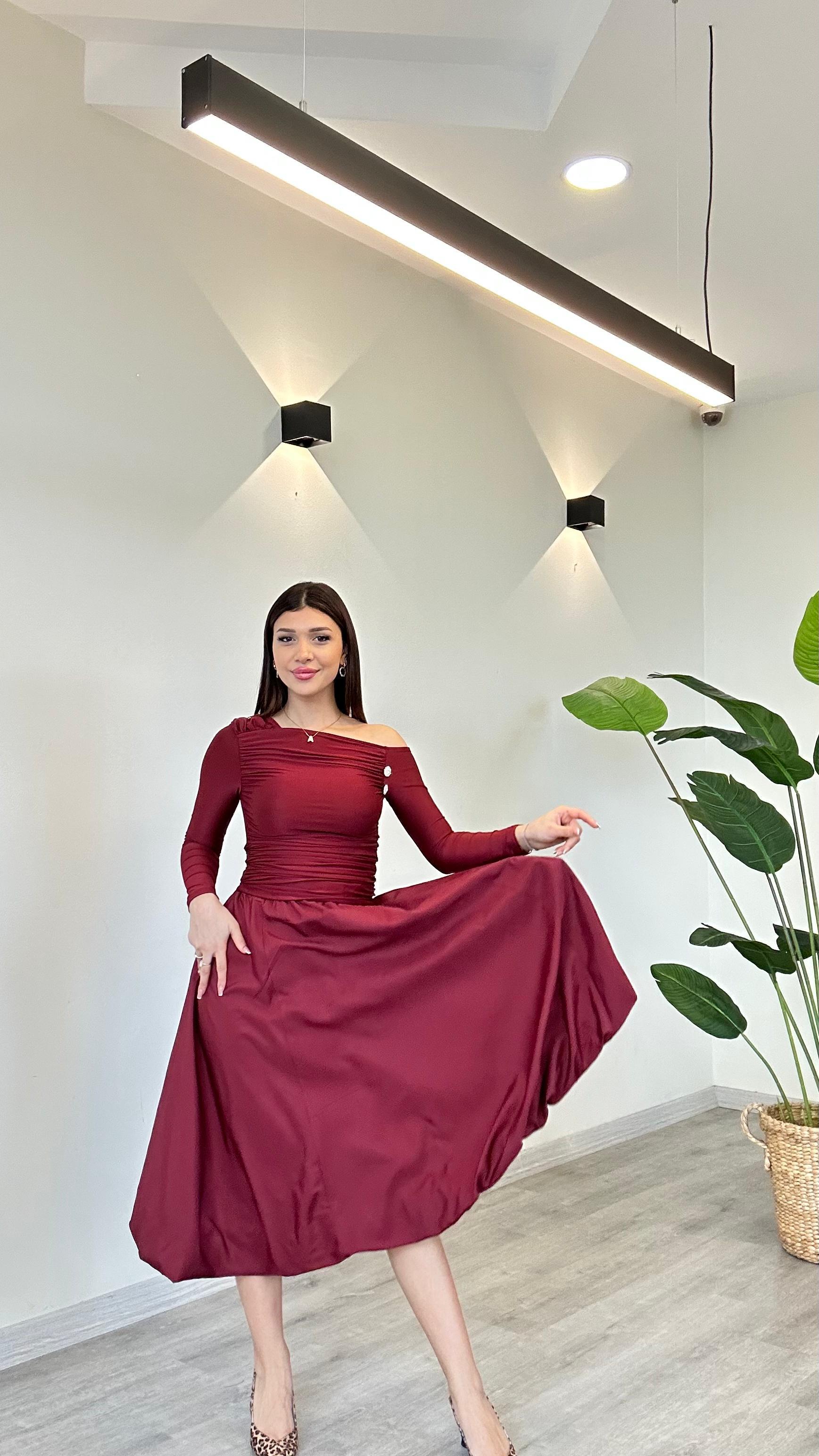 Kadın Bordo Astarlı Uzun Atlas Kumaş Balon Etek
