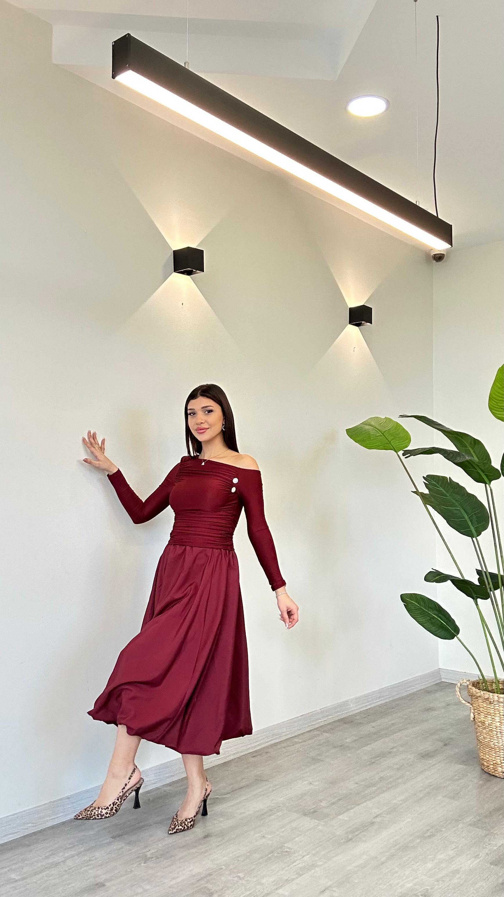 Kadın Bordo Astarlı Uzun Atlas Kumaş Balon Etek