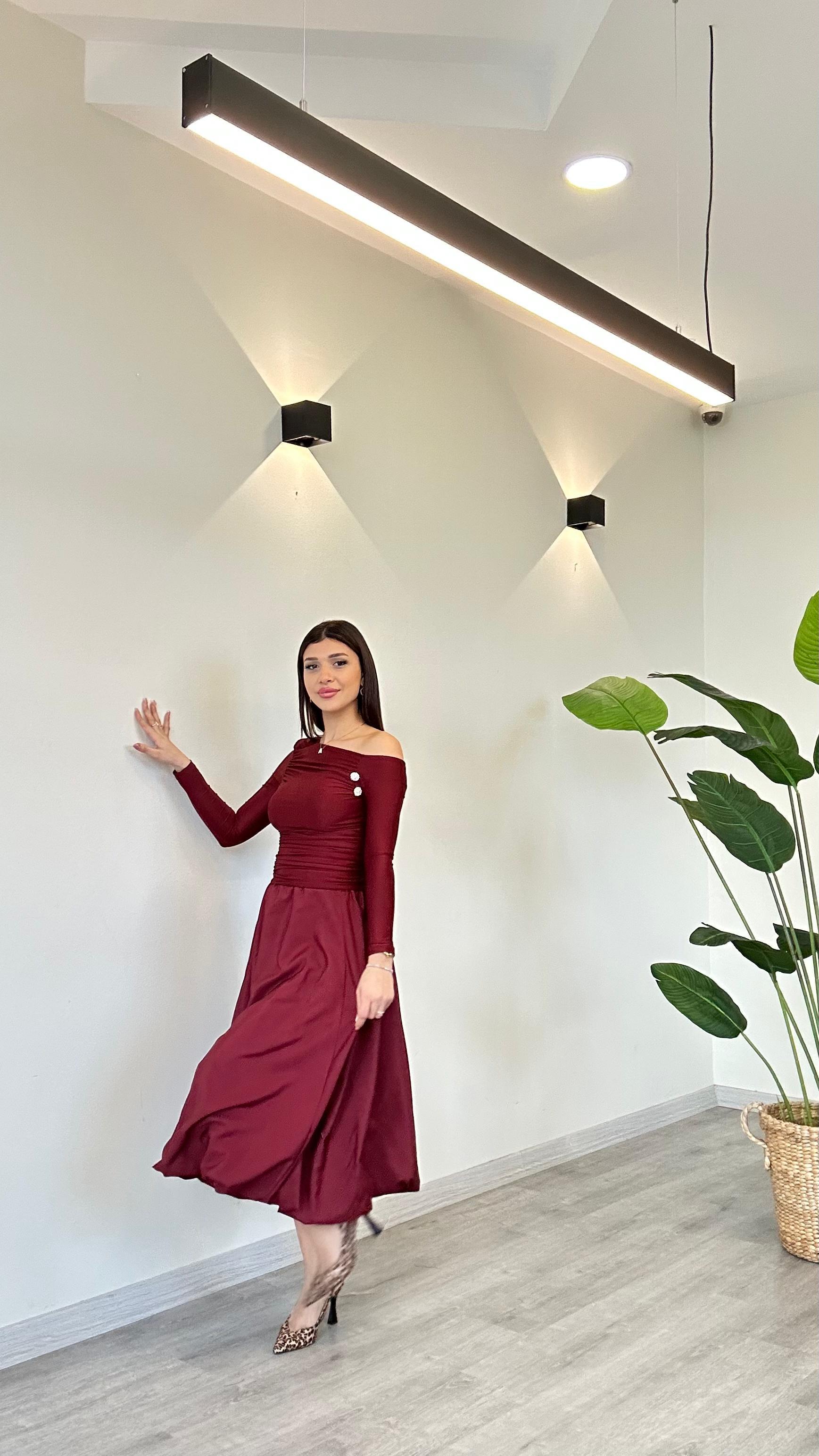 Kadın Bordo Astarlı Uzun Atlas Kumaş Balon Etek