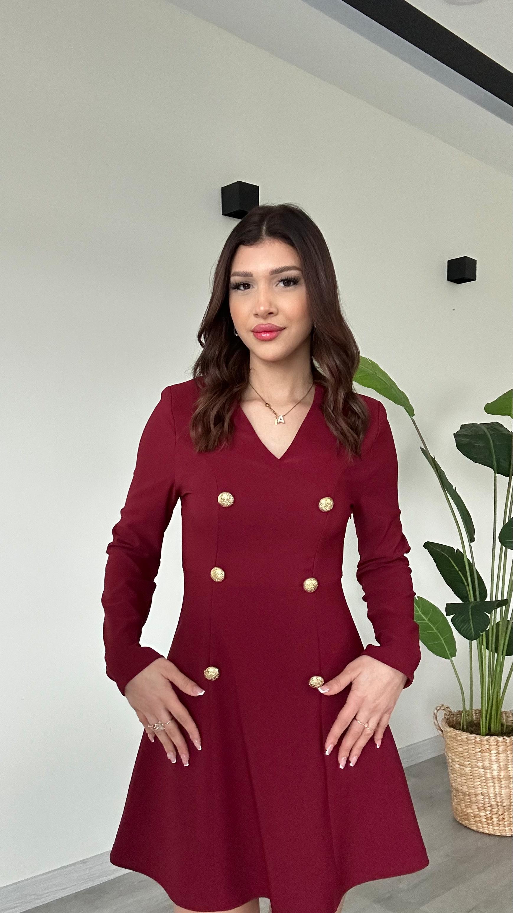 Kadın Bordo V Yaka Uzun Kollu Düğme Detaylı Diz Üstü Premium Elbise