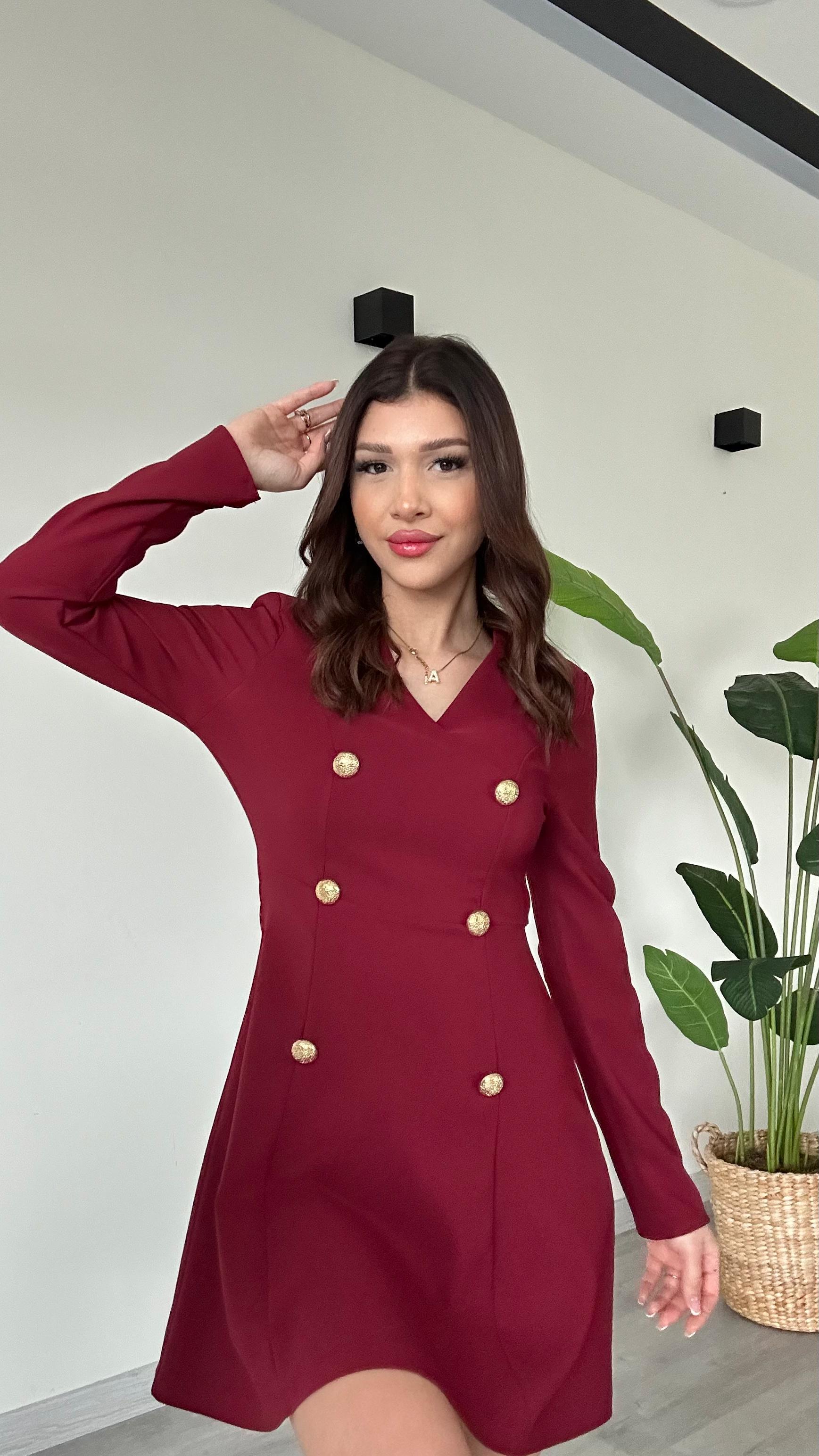 Kadın Bordo V Yaka Uzun Kollu Düğme Detaylı Diz Üstü Premium Elbise
