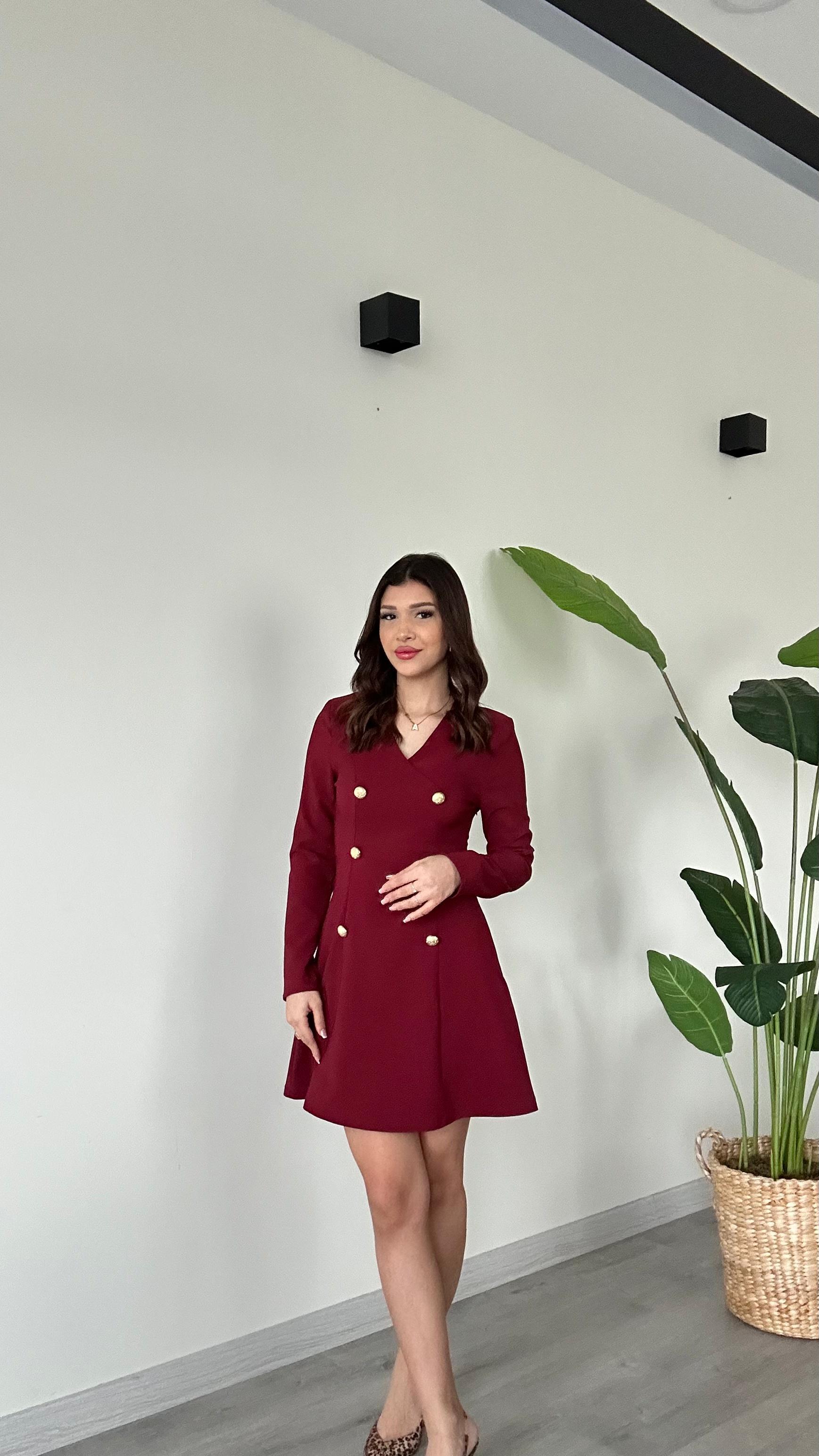 Kadın Bordo V Yaka Uzun Kollu Düğme Detaylı Diz Üstü Premium Elbise