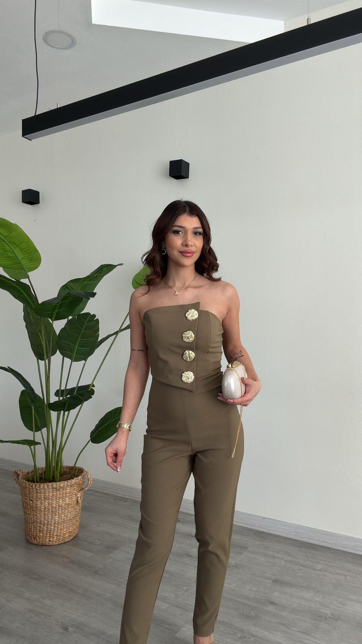 Kadın Haki Straplez Taş Düğme Detay Premium Tulum