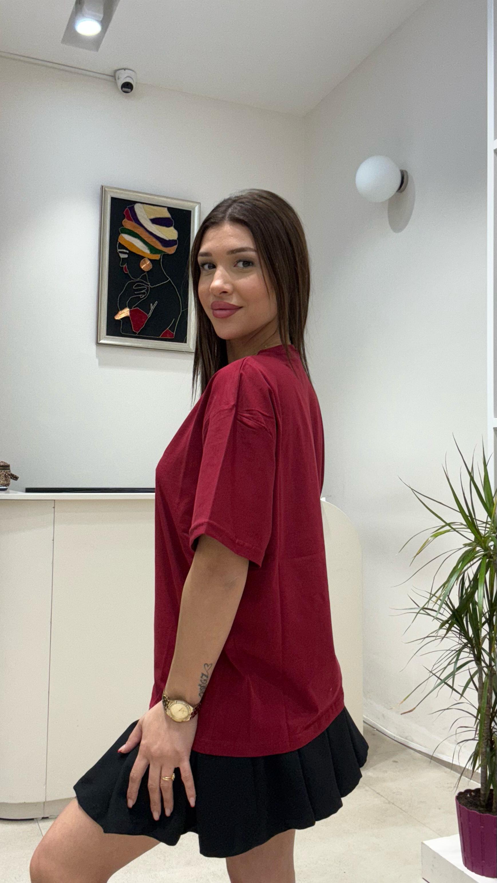 Kadın Leopar Hayvan Baskılı Oversize Salaş ve Rahat T-Shirt - BORDO