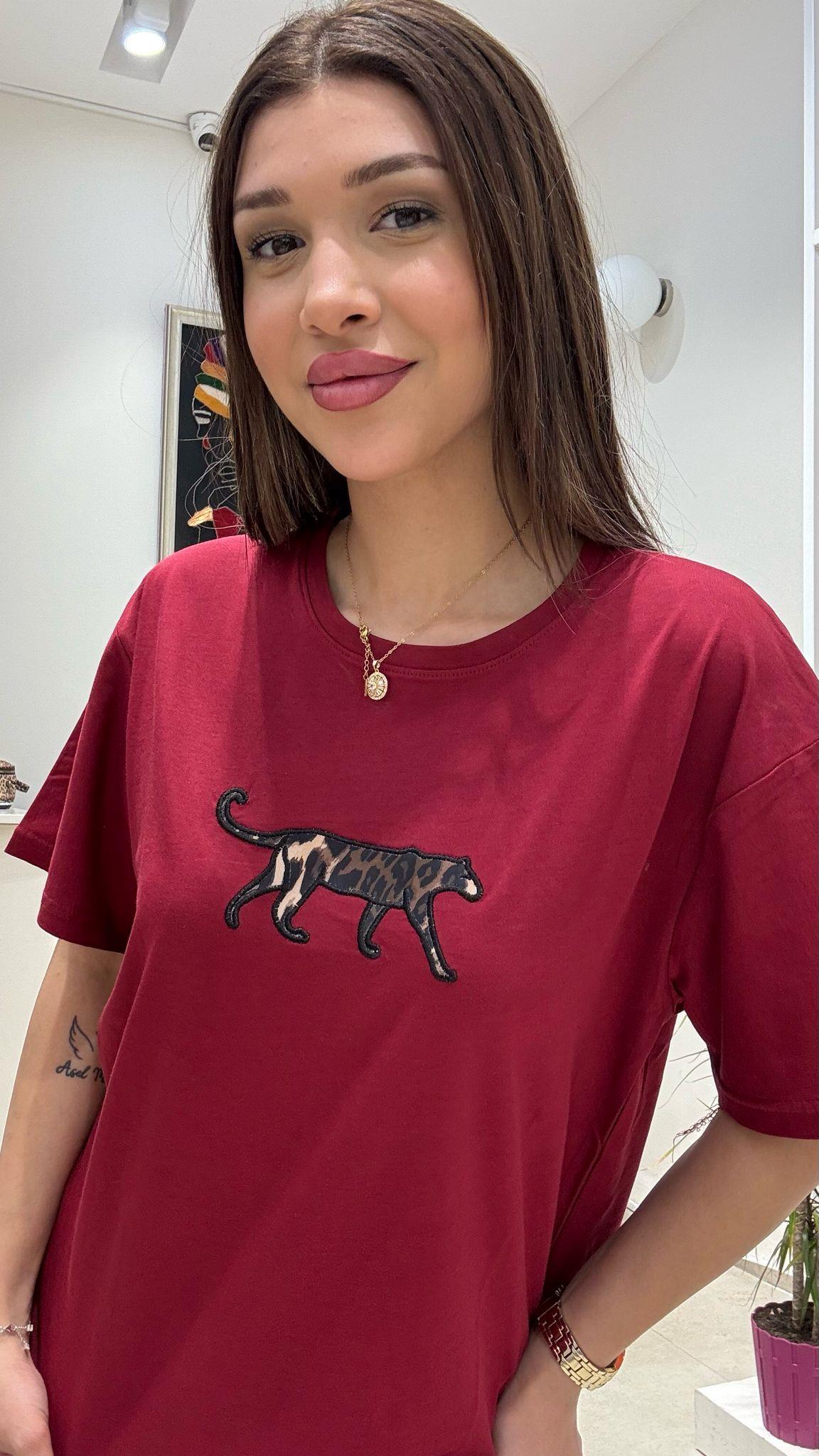 Kadın Leopar Hayvan Baskılı Oversize Salaş ve Rahat T-Shirt - BORDO
