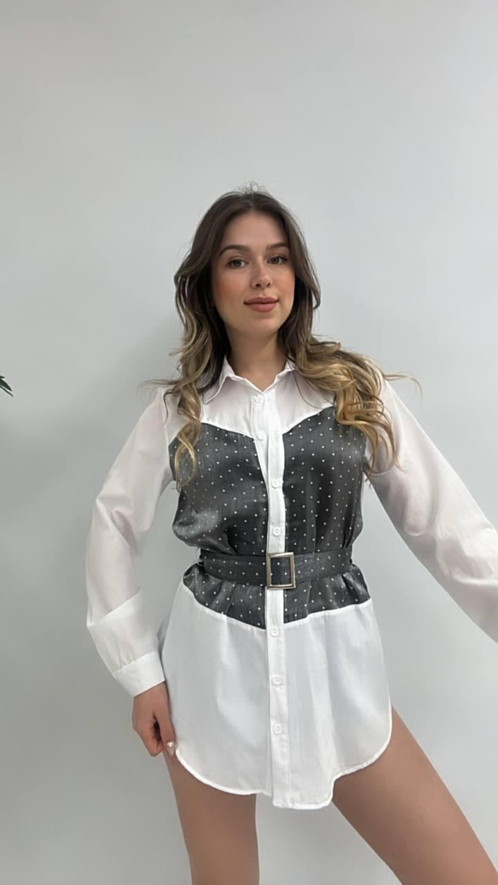 Kadın Straplez Görünümlü Kemerli Uzun Kol Tunik Gömlek - SİYAH