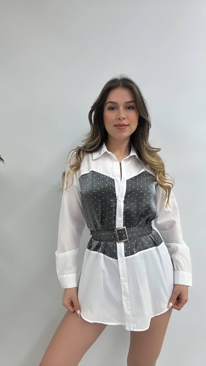 Kadın Straplez Görünümlü Kemerli Uzun Kol Tunik Gömlek - SİYAH