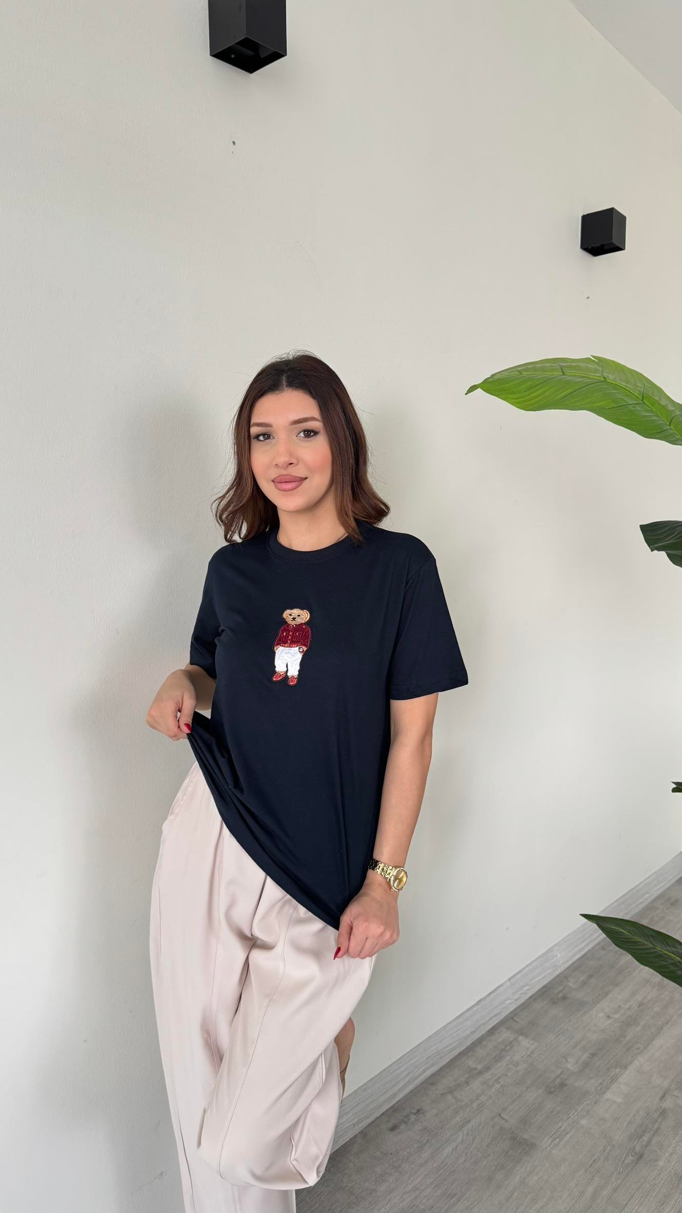 Kadın Teddy Bear Ayıcıklı Nakışlı Bisiklet Yaka Premium T-Shirt - LACİVERT