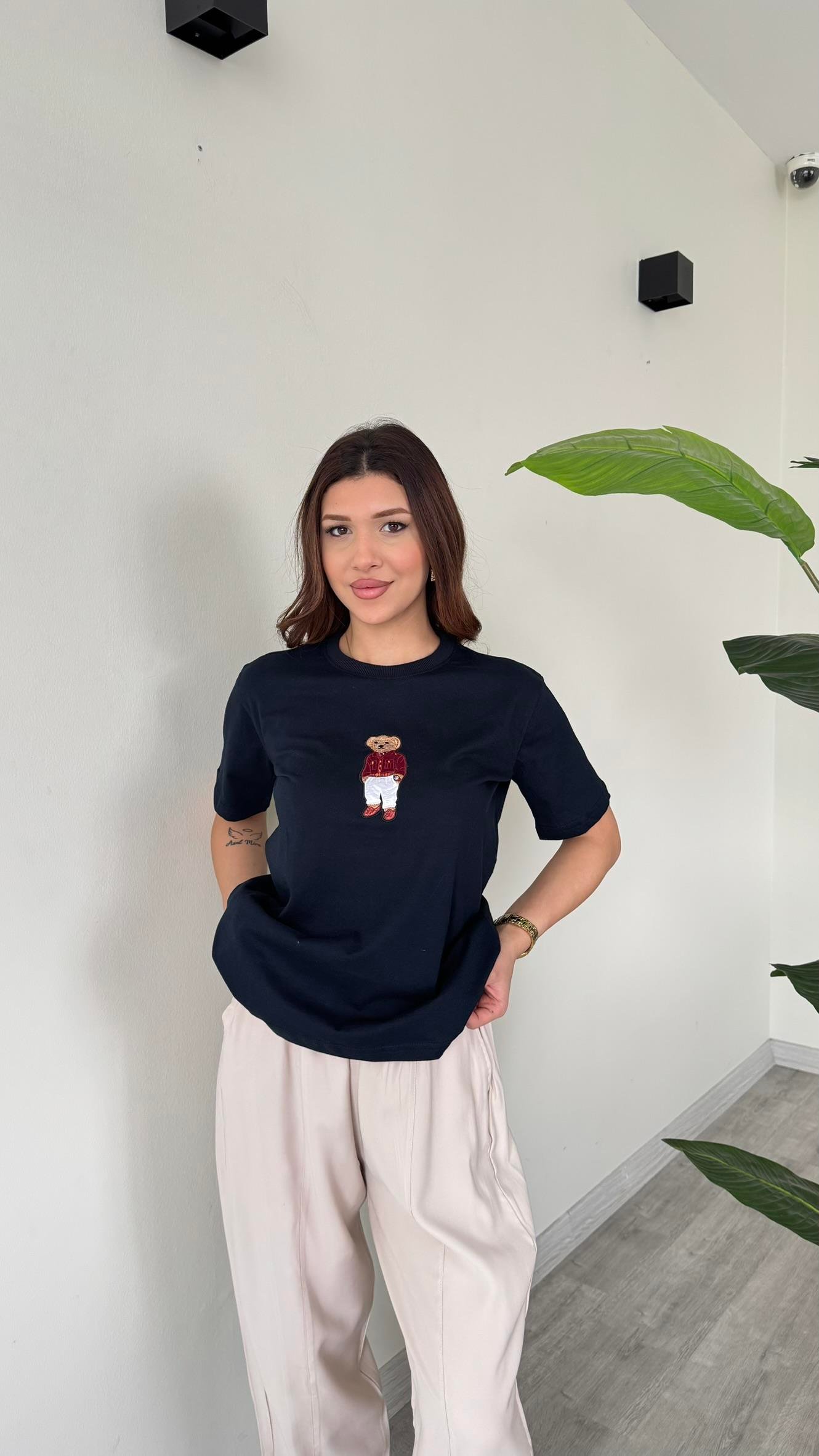 Kadın Teddy Bear Ayıcıklı Nakışlı Bisiklet Yaka Premium T-Shirt - LACİVERT
