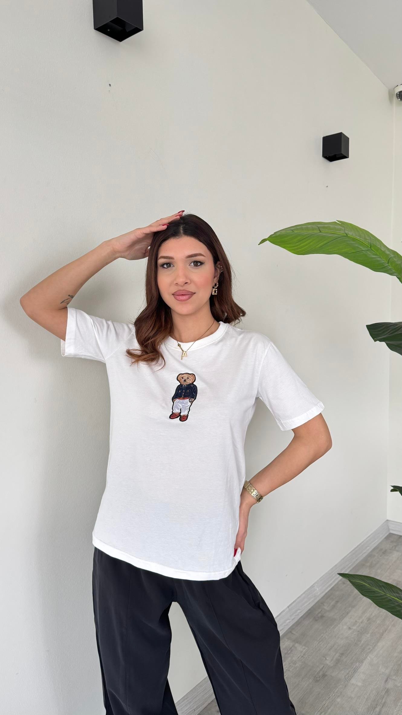 Kadın Teddy Bear Ayıcıklı Nakışlı Bisiklet Yaka Premium T-Shirt - BEYAZ