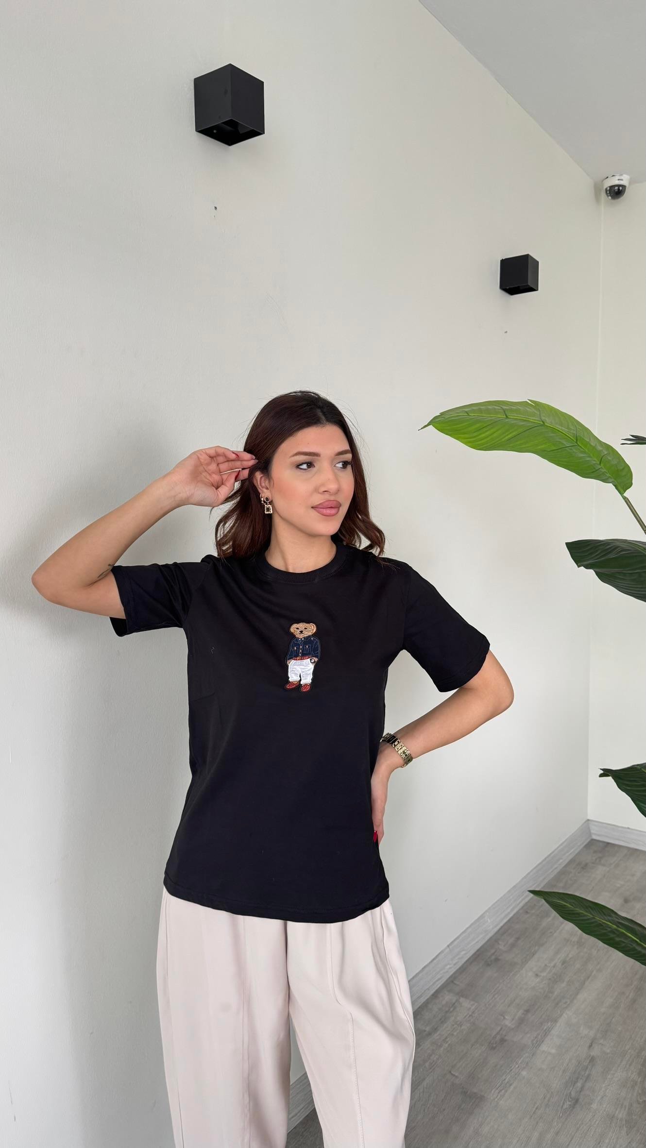 Kadın Teddy Bear Ayıcıklı Nakışlı Bisiklet Yaka Premium T-Shirt - SİYAH