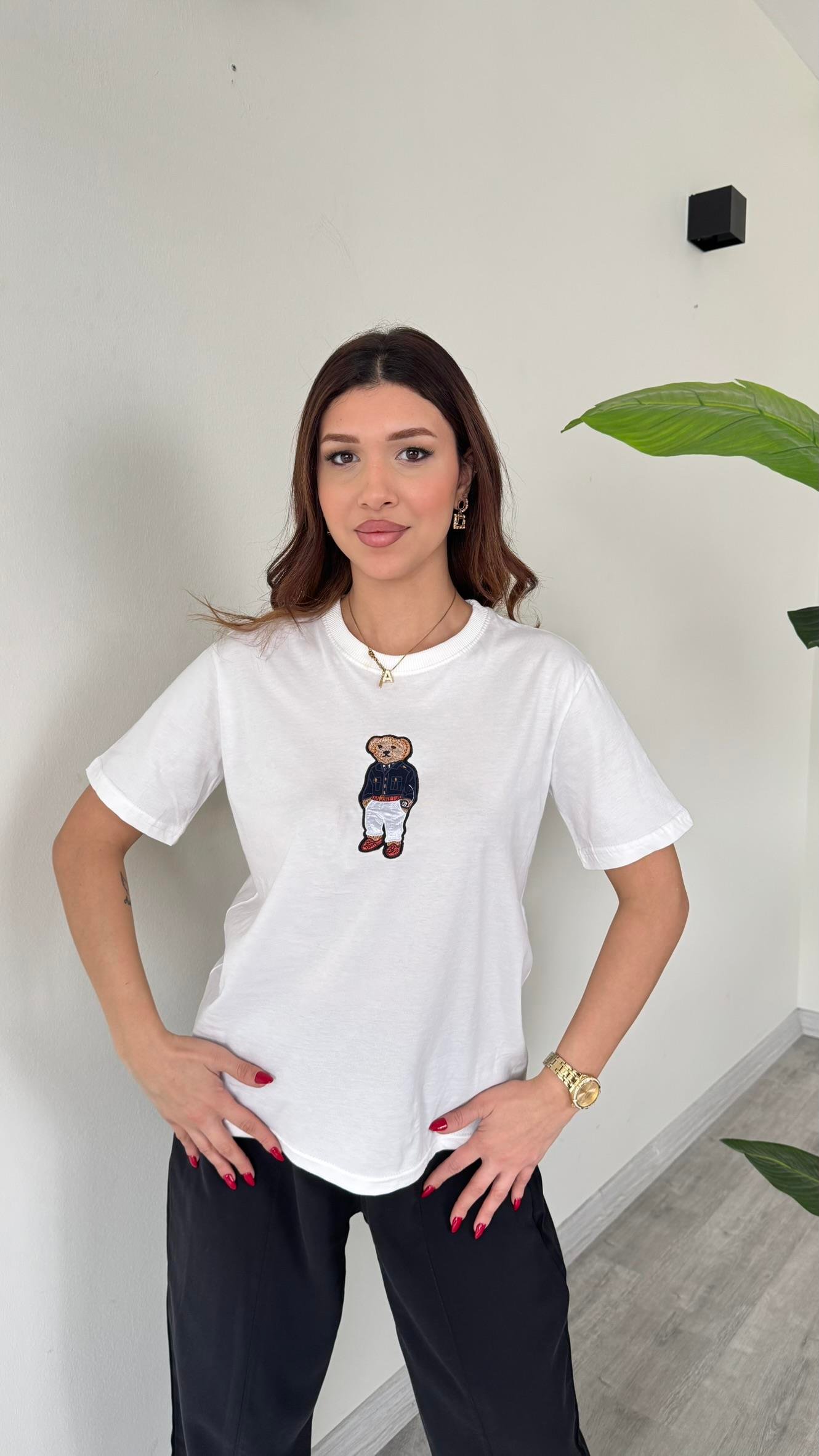 Kadın Teddy Bear Ayıcıklı Nakışlı Bisiklet Yaka Premium T-Shirt - BEYAZ