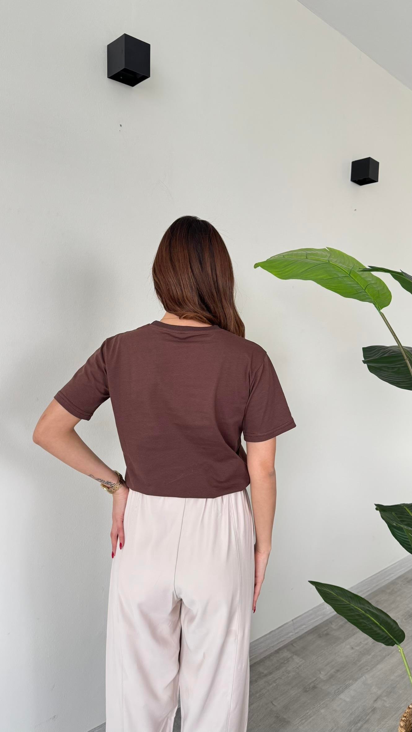 Kadın Teddy Bear Ayıcıklı Nakışlı Bisiklet Yaka Premium T-Shirt - KAHVERENGİ